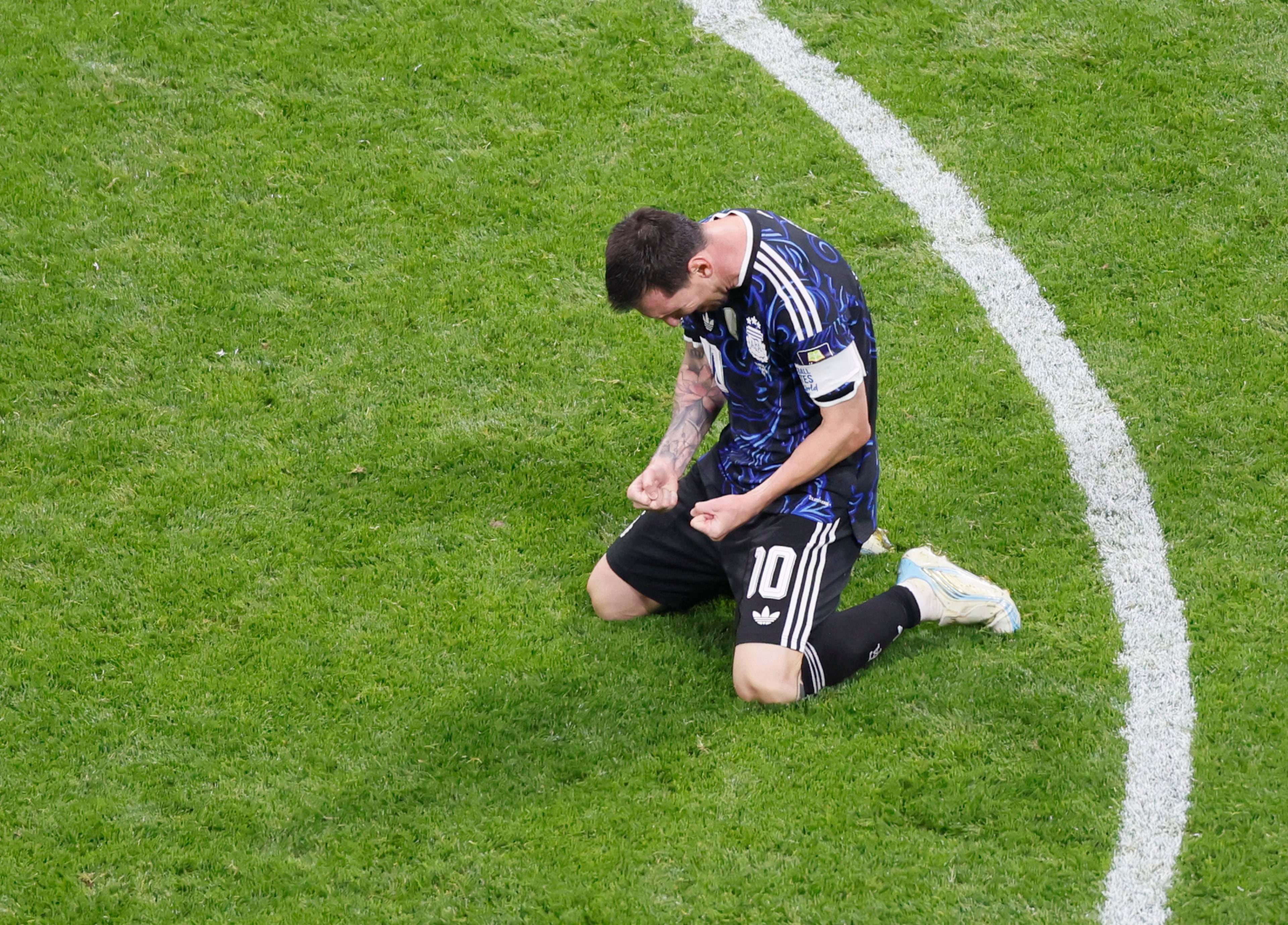 Argentina's Lionel Messi celebrates his teams win at end of Argentina vs. England FIFA World Cup Semifinal match at Atlanta Stadium (Mercedes-Benz Stadium) on Wednesday, July 15, 2026. (Miguel Martinez/AJC)