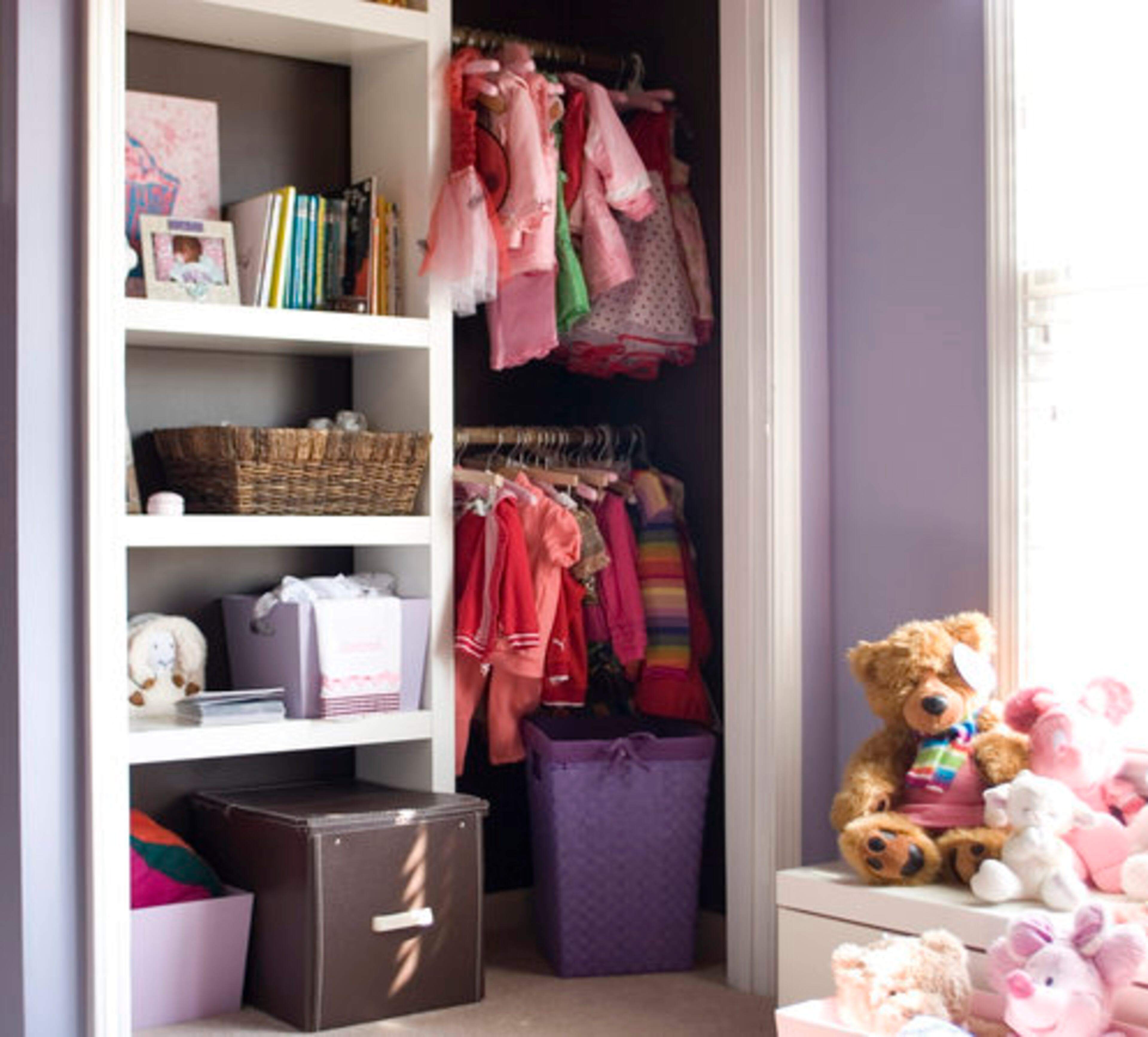 A child's closet should be designed to grow as the child's size and needs change. "Baskets are really great for kids," Gilbert said. A large catch-all located close to the floor is also a great idea, providing for quick toy round-ups.
