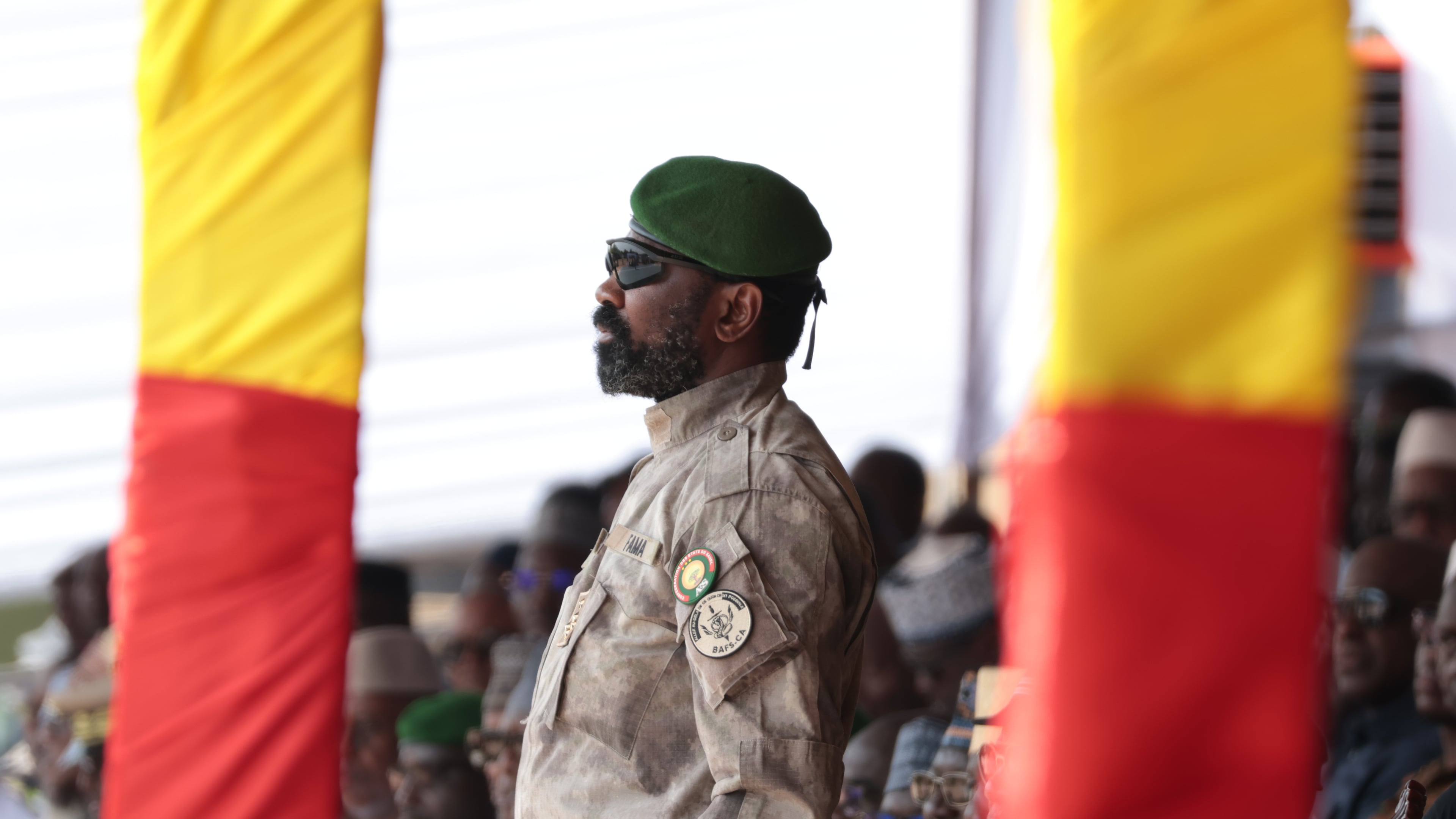 Mali's junta leader Gen. Assimi Goita attends the funeral of former defense minister Sadio Camara at the Military Engineering Parade Ground in Bamako, Mali, Thursday, April 30, 2026. (AP Photo/Boubacary Bocoum)