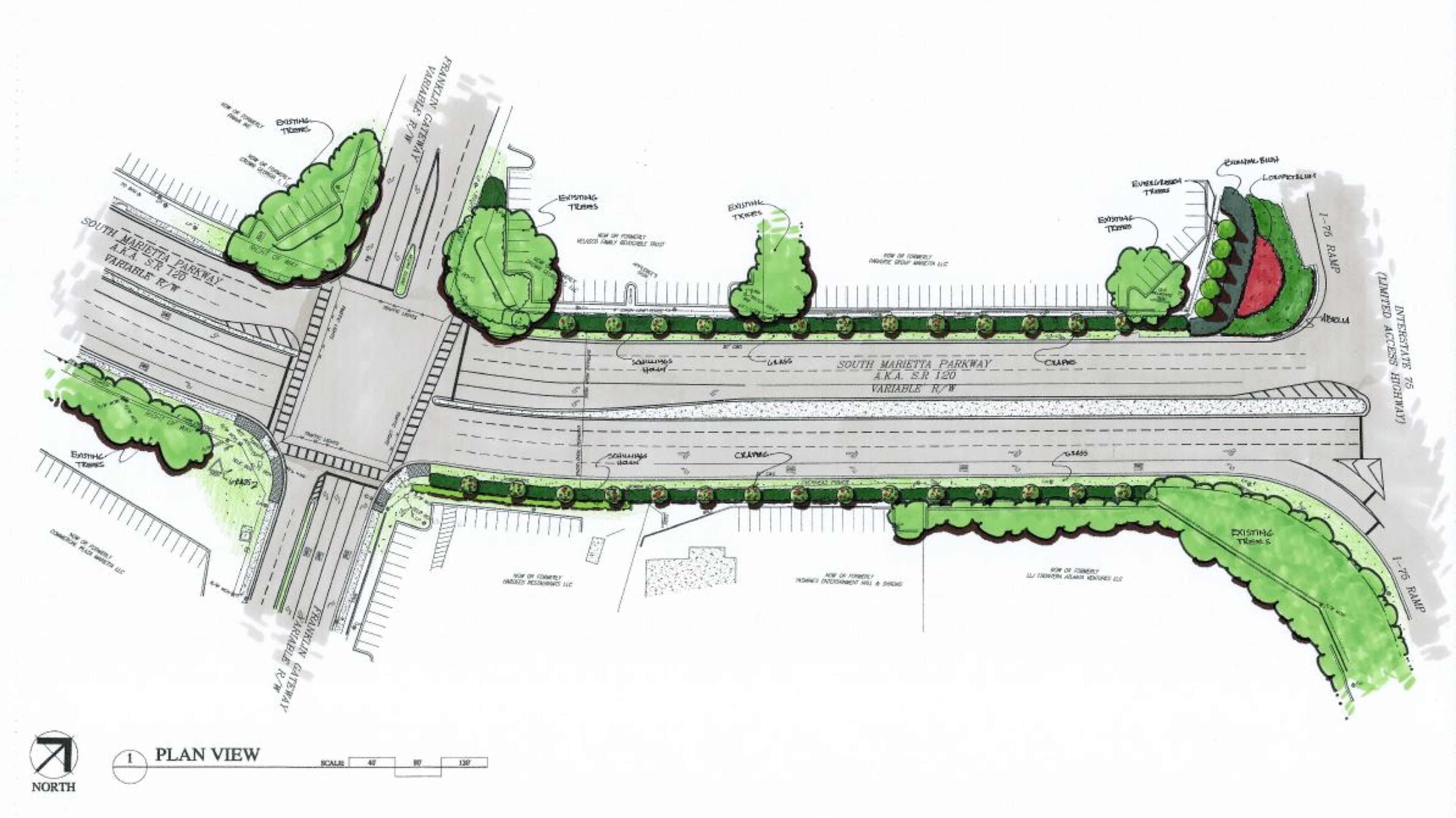 A rendering of landscaping improvements that will be installed along South Marietta Parkway between Interstate 75 and Franklin Gateway.