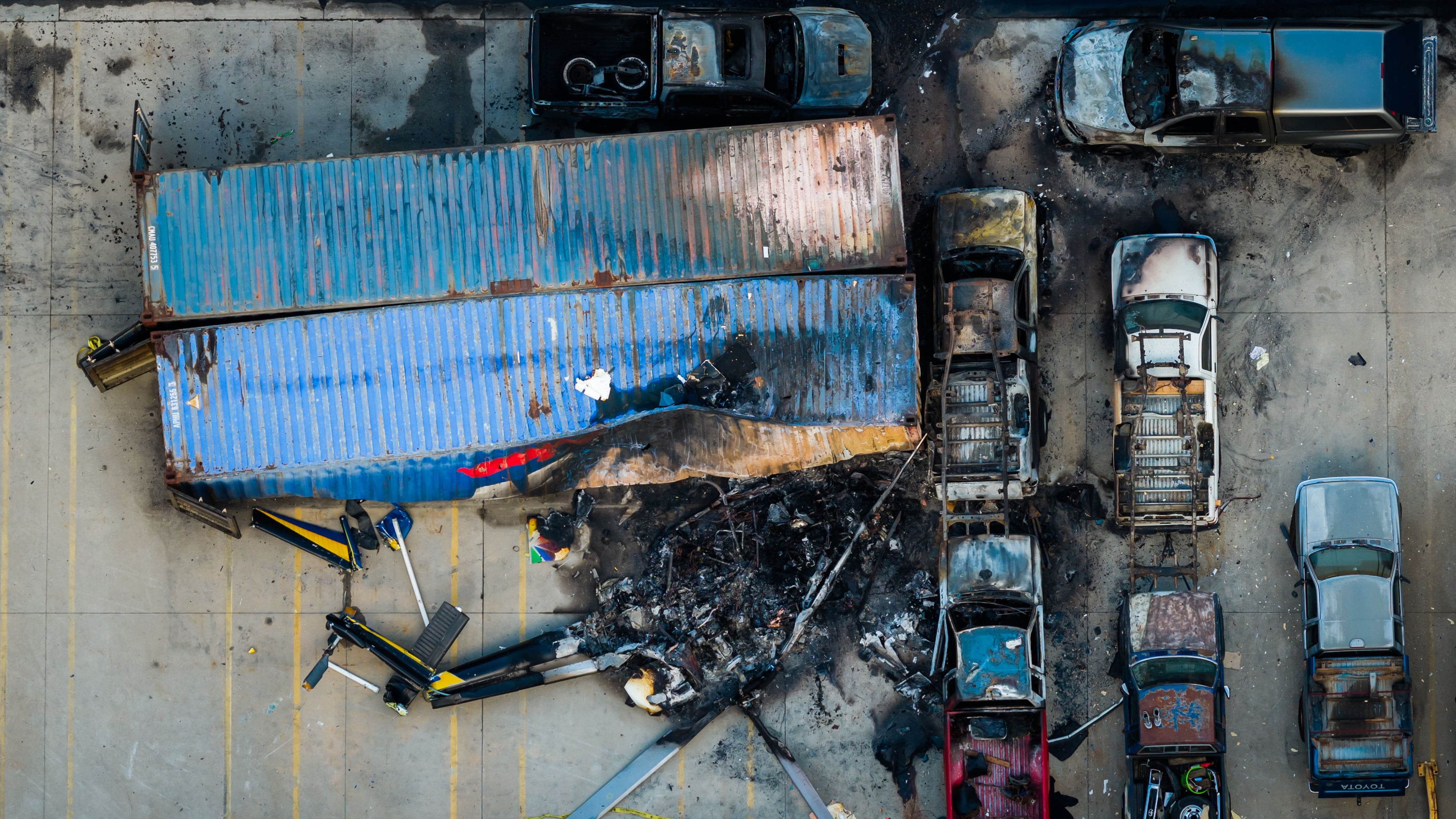 An aerial view of the aftermath of a news helicopter that crashed in Chatsworth, a neighborhood in Los Angeles, Wednesday, Sept. 16, 2026. (AP Photo/Ethan Swope)