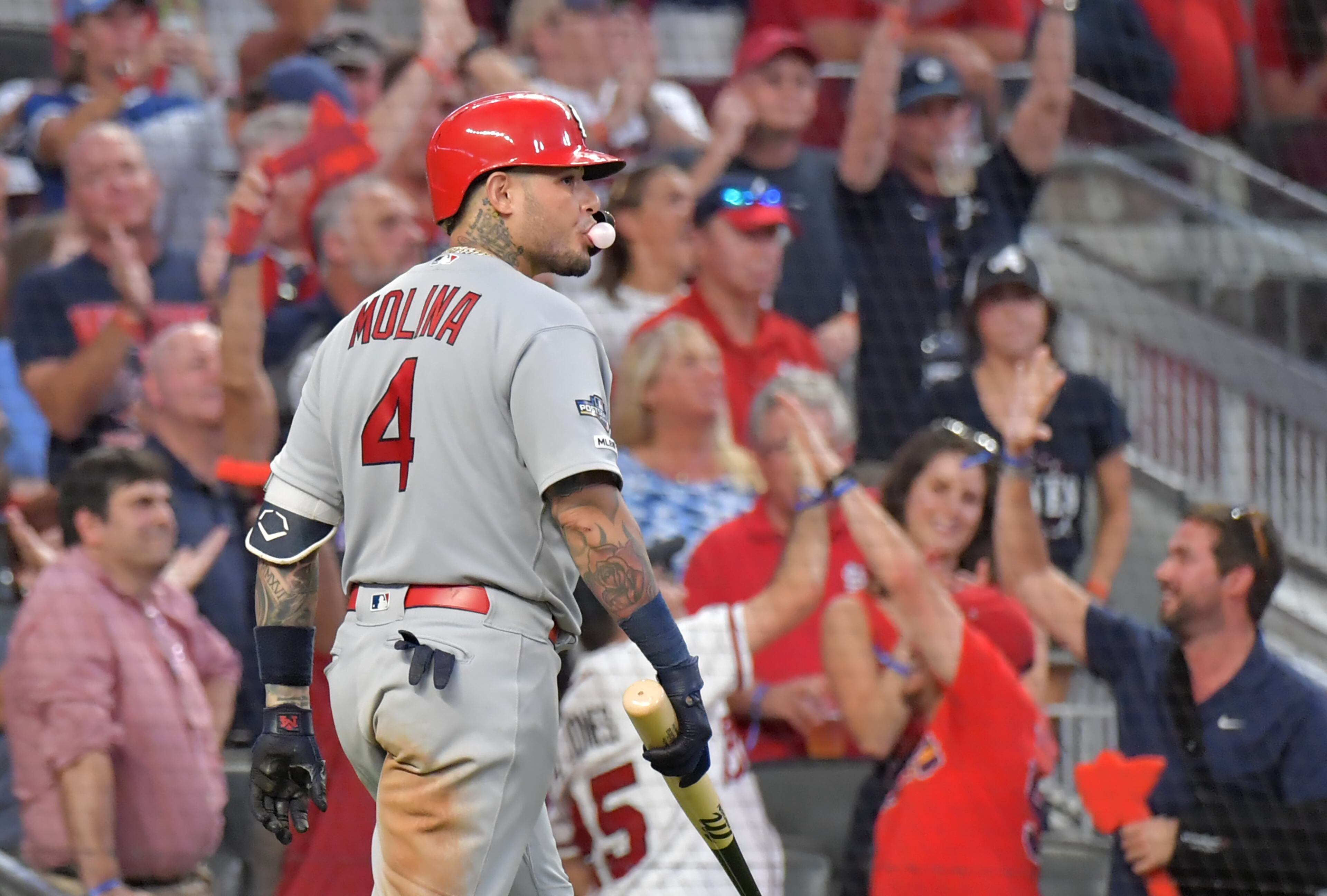 St. Louis Cardinals catcher Yadier Molina (4) reacts to striking out in the 9th inning. (Hyosub Shin / Hyosub.Shin@ajc.com)