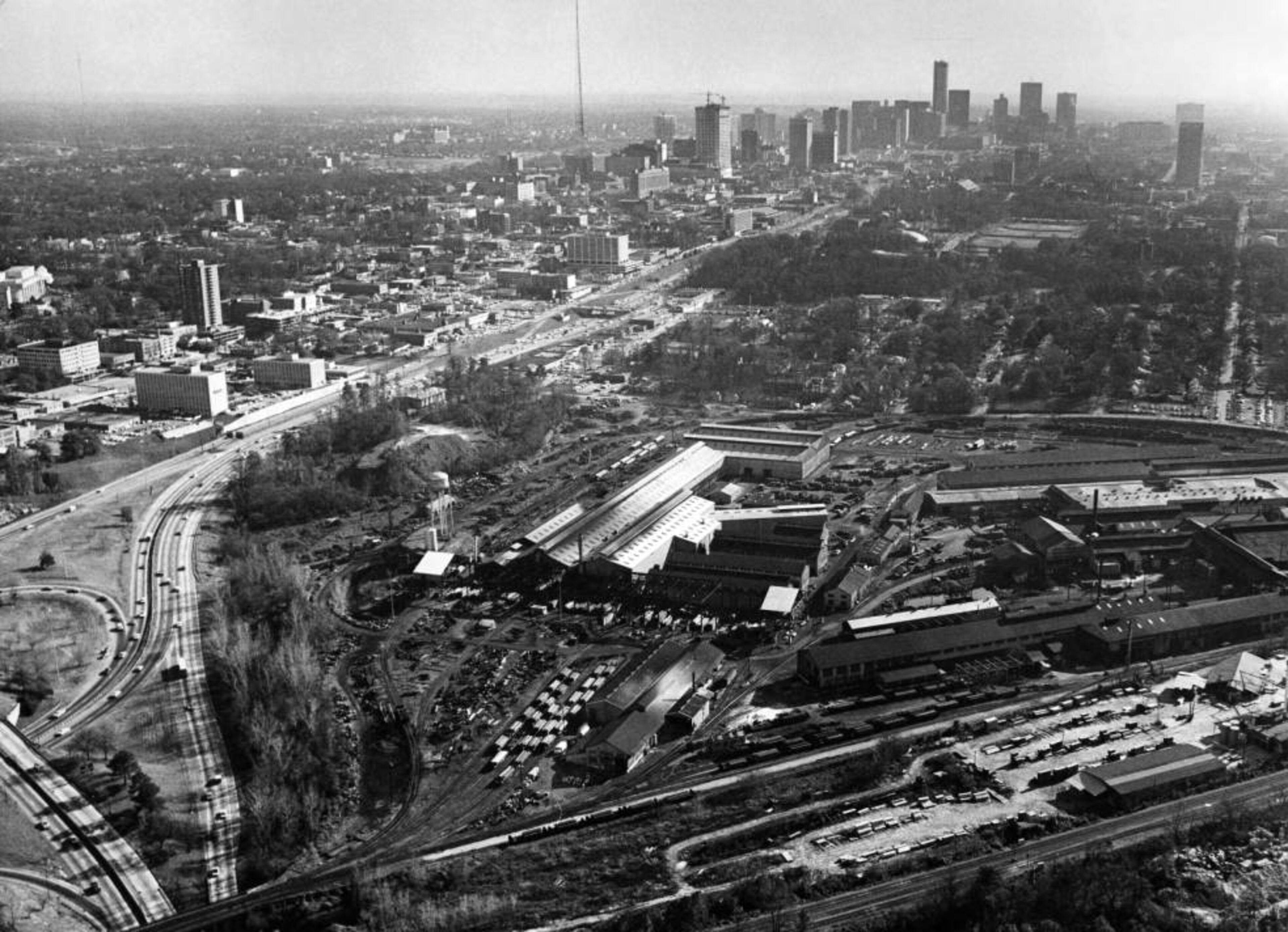 From the original caption: "Atlantic Steel, located at the I-75-85 interchange and 14th Street occupies the only 200-acre site in the country that is so close to an urban area, the company's president says."