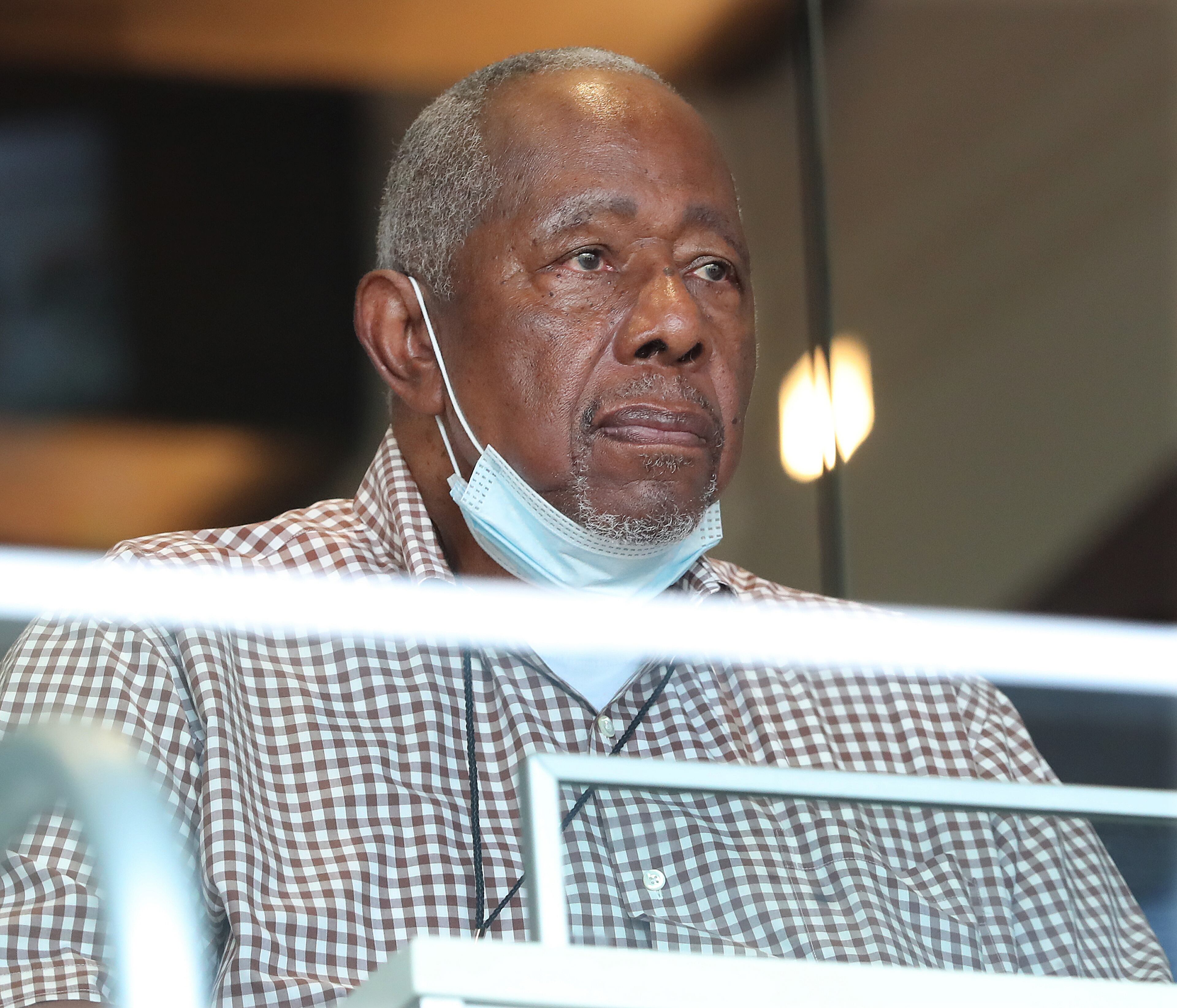 Baseball Hall of Famer and Braves legend Hank Aaron was on hand to watch Wednesday's Braves-Rays game at Truist Park. (Curtis Compton/ccompton@ajc.com)