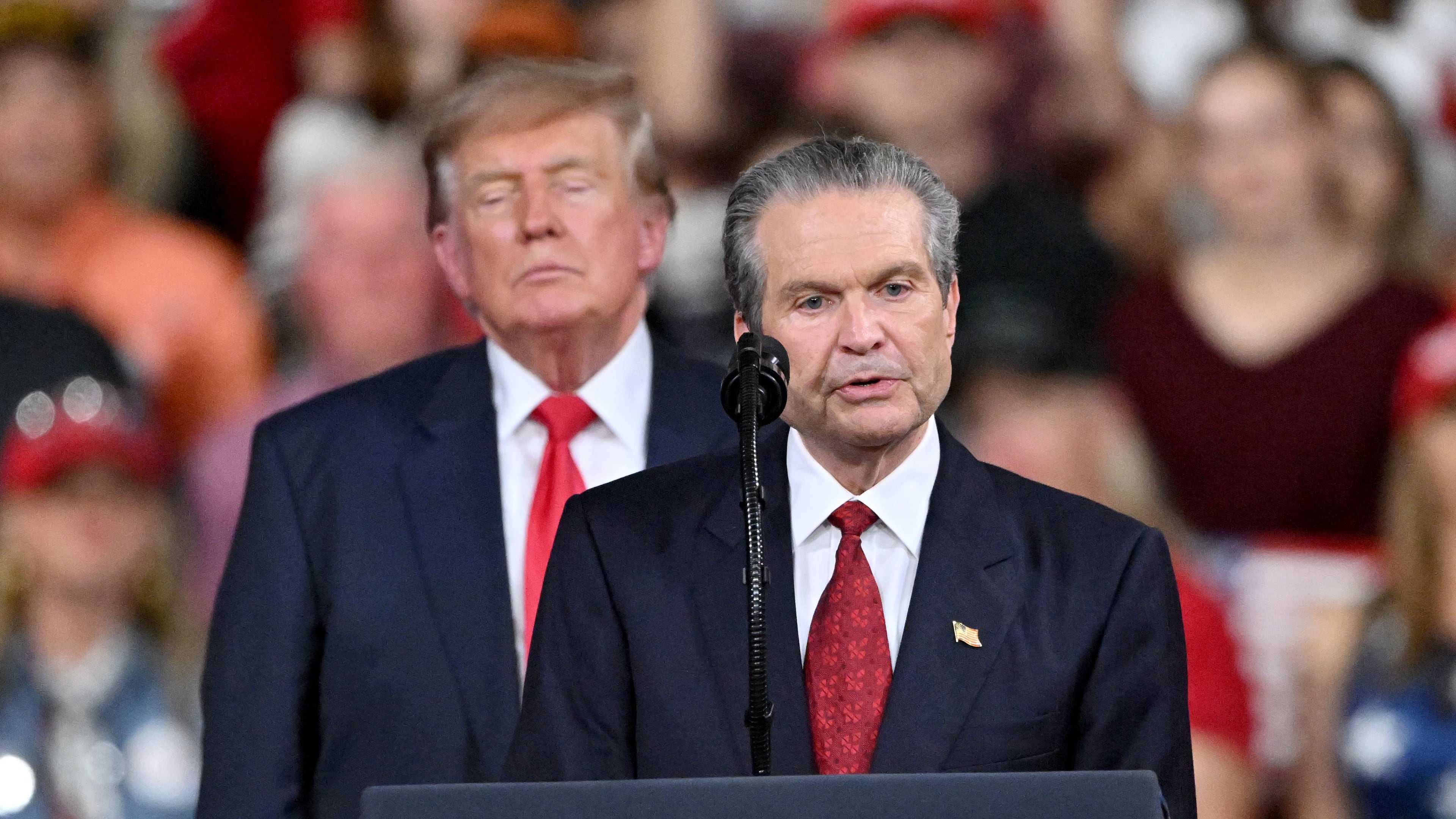 Georgia Republican governor nominee Rick Jackson speaks as President Donald Trump stands beside him during a midterm campaign rally at Guardian Centers on Saturday, Oct. 24, 2026, in Perry. (Hyosub Shin/AJC)