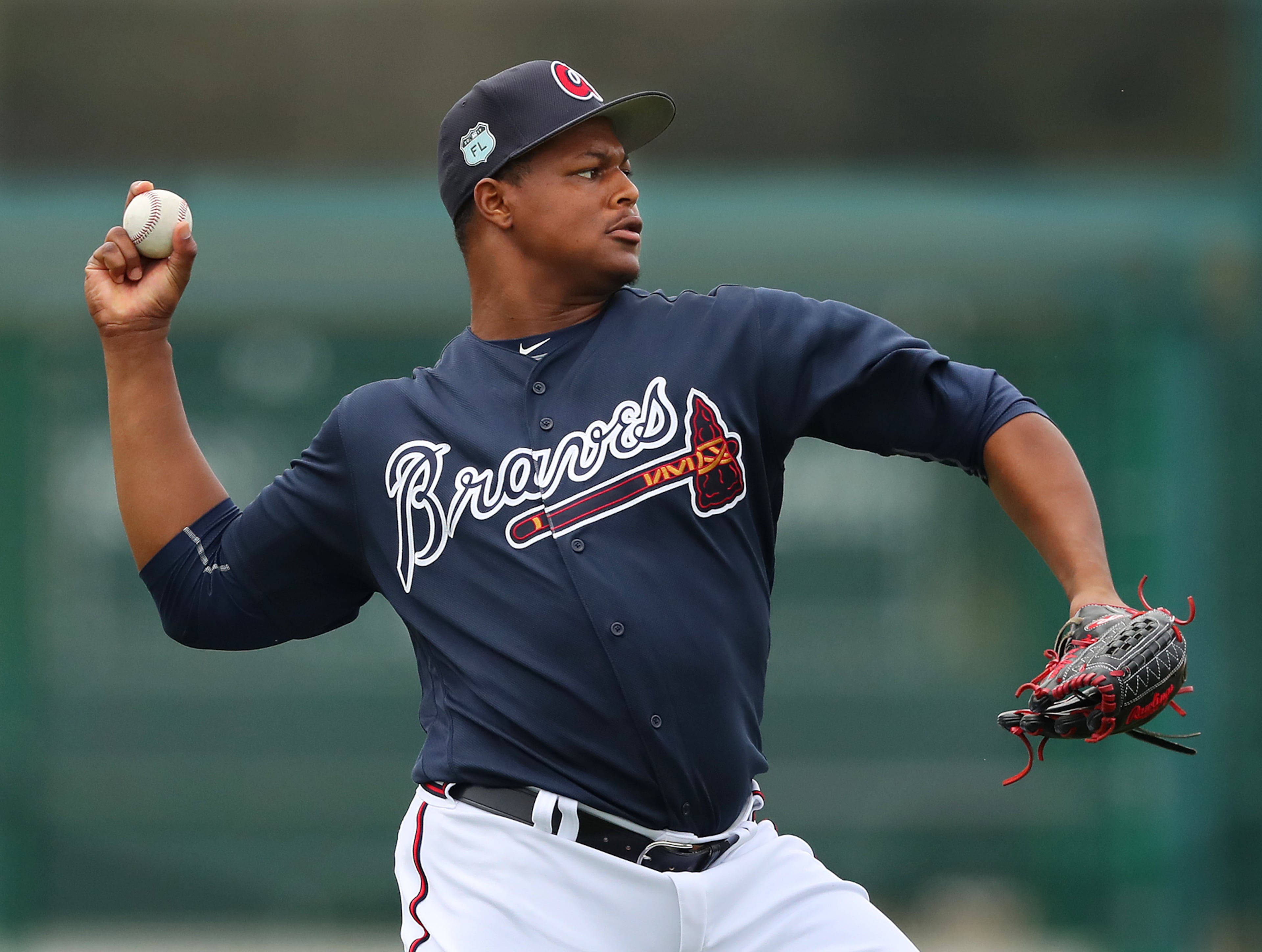 February 18, 2017, Lake Buena Vista, FL: Atlanta Braves pitcher Mauricio Cabrera throws to loosen up his arm during the first full squad workout at Champion Stadium on Saturday Feb. 18, 2017, at the ESPN Wide World of Sports in Lake Buena Vista. Curtis Compton/ccompton@ajc.com