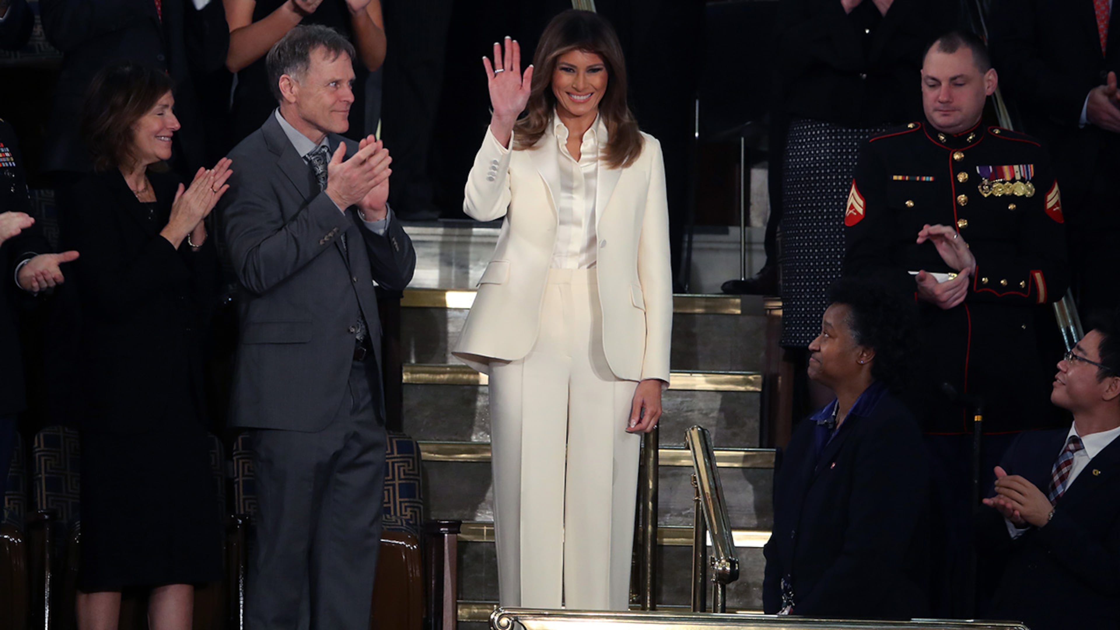 WASHINGTON, DC - JANUARY 30: First lady Melania Trump arrives for the State of the Union address in the chamber of the U.S. House of Representatives January 30, 2018 in Washington, DC. This is the first State of the Union address given by U.S. President Donald Trump and his second joint-session address to Congress. (Photo by Mark Wilson/Getty Images)