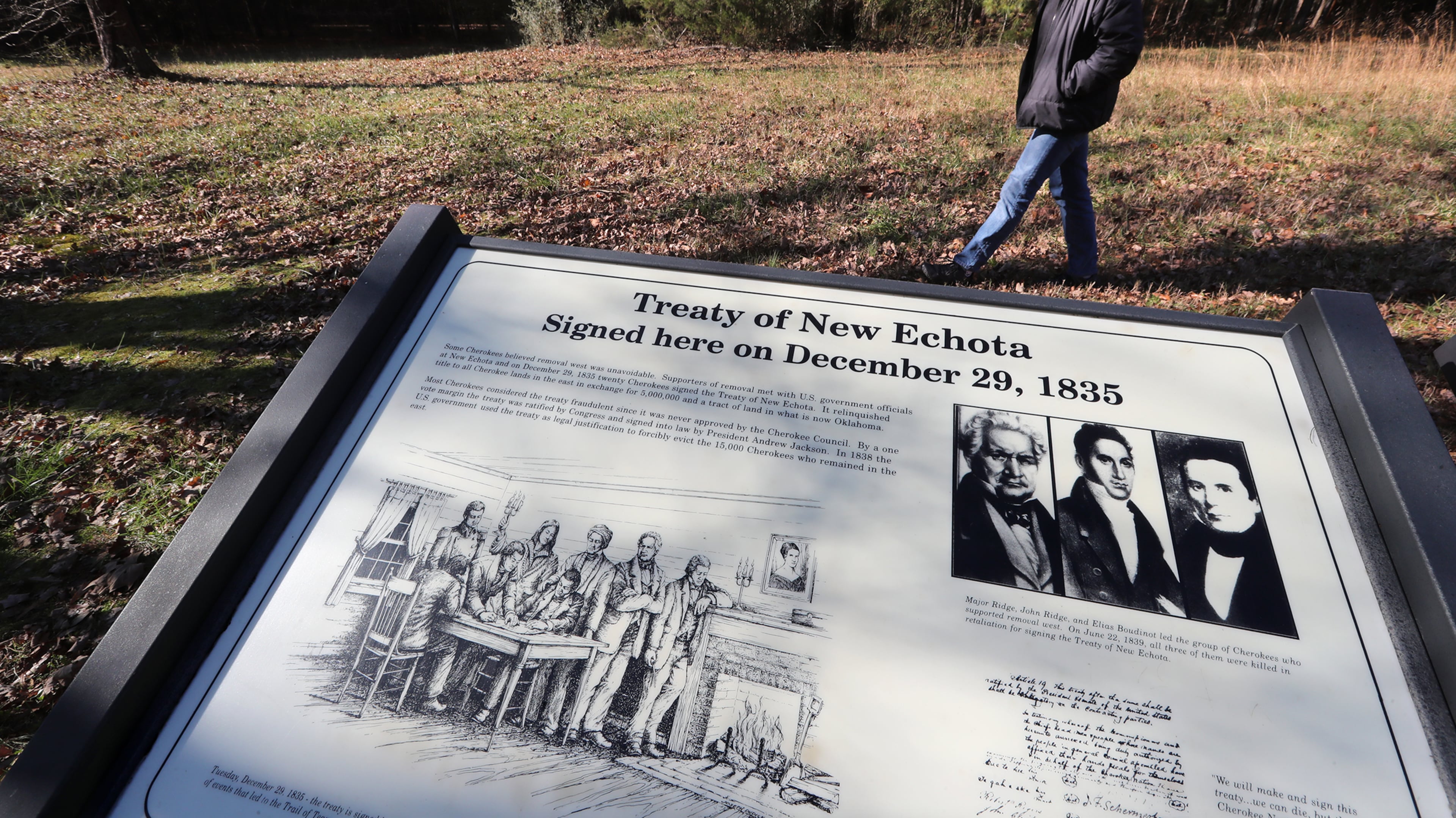 Cherokee Indian descendant John Perry walks the site where the Treaty of New Echota was signed at the New Echota Historic Site on Tuesday, Dec. 8, 2020, in Calhoun. New Echota is one of the most significant Cherokee Indian sites in the nation and marks the beginning of the tragic Trail of Tears. Curtis Compton / Curtis.Compton@ajc.com