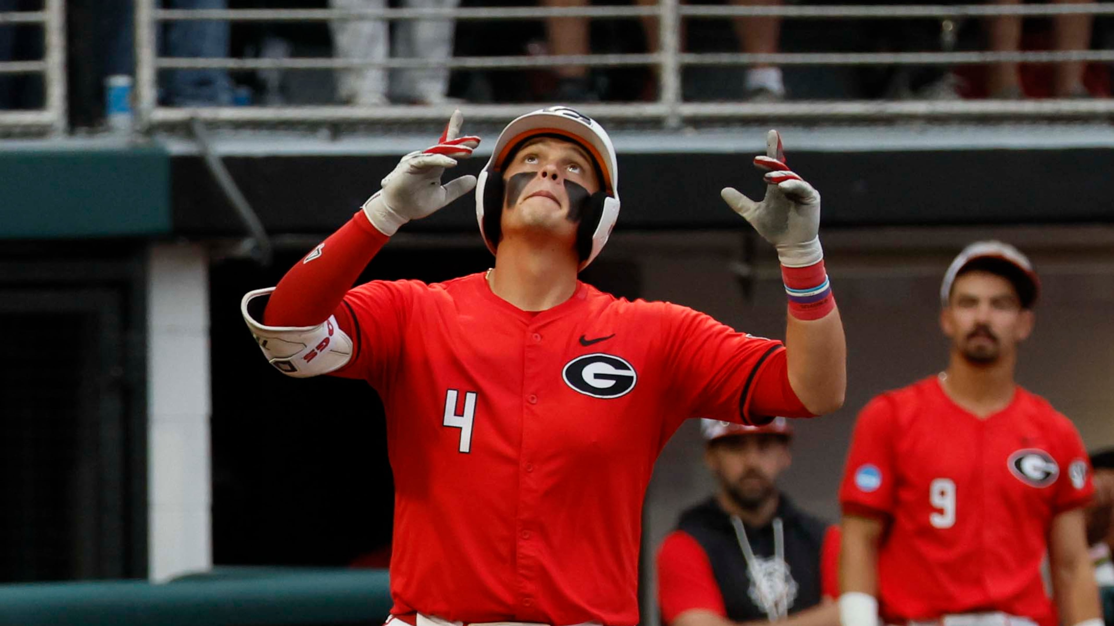 Georgia Bulldogs infielder Michael O’Shaughnessy (4) reacts at home plate after his solo home run during the eighth inning of their NCAA Regional final game at Foley Field on Sunday, May 31, 2026, in Athens. (Miguel Martinez/AJC)