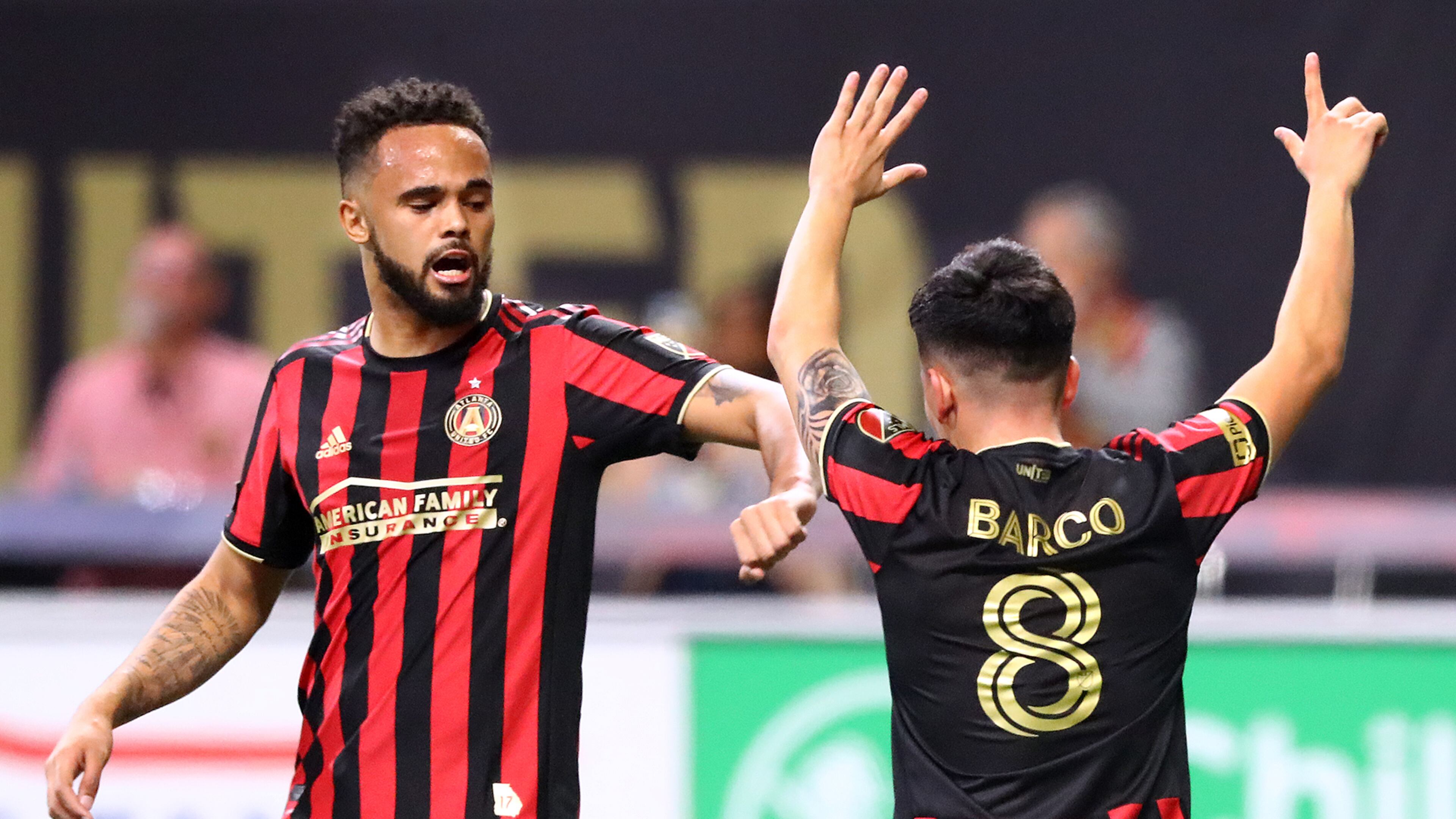 March 8, 2020 Atlanta: Atlanta United midfielder Ezequiel Barco celebrates his goal with Anton Walkes for a 1-0 lead over FC Cincinnati in a MLS soccer match on Saturday, March 8, 2020, in Atlanta. Curtis Compton ccompton@ajc.com