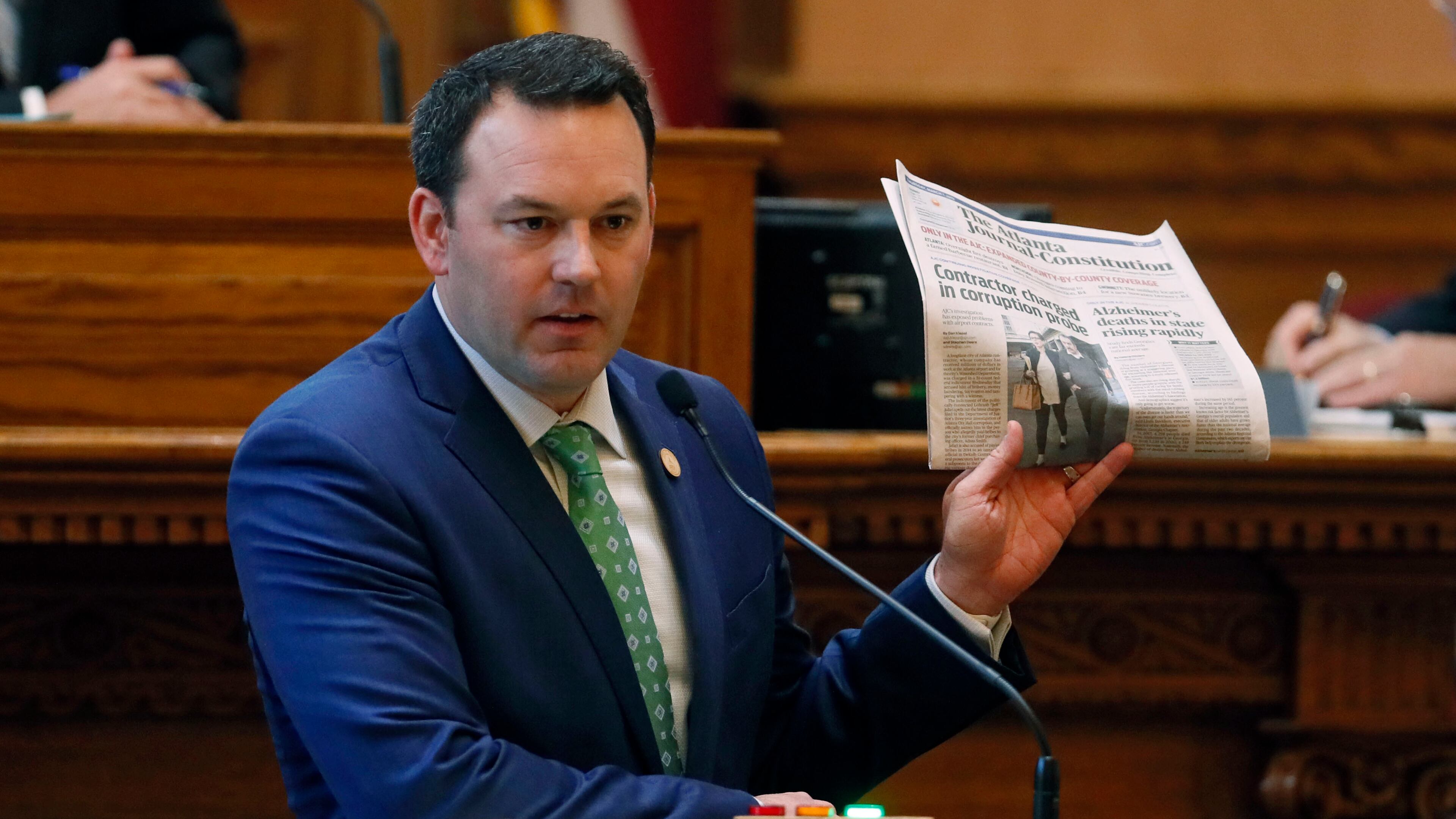 March 7, 2019 - Atlanta - The sponsor, state Sen. Burt Jones, made his case for his bill to give the state control of Hartsfield-Jackson airport as he unfurled a copy of The Atlanta Journal-Constitution featuring a front-page article about the indictment of the contractor, Jeff Jafari. The Georgia Senate voted Thursday to approve a measure that would give the state control of Hartsfield-Jackson airport. The legislature was in session for "crossover" day, the 28th day of the 2019 General Assembly. Bob Andres / bandres@ajc.com