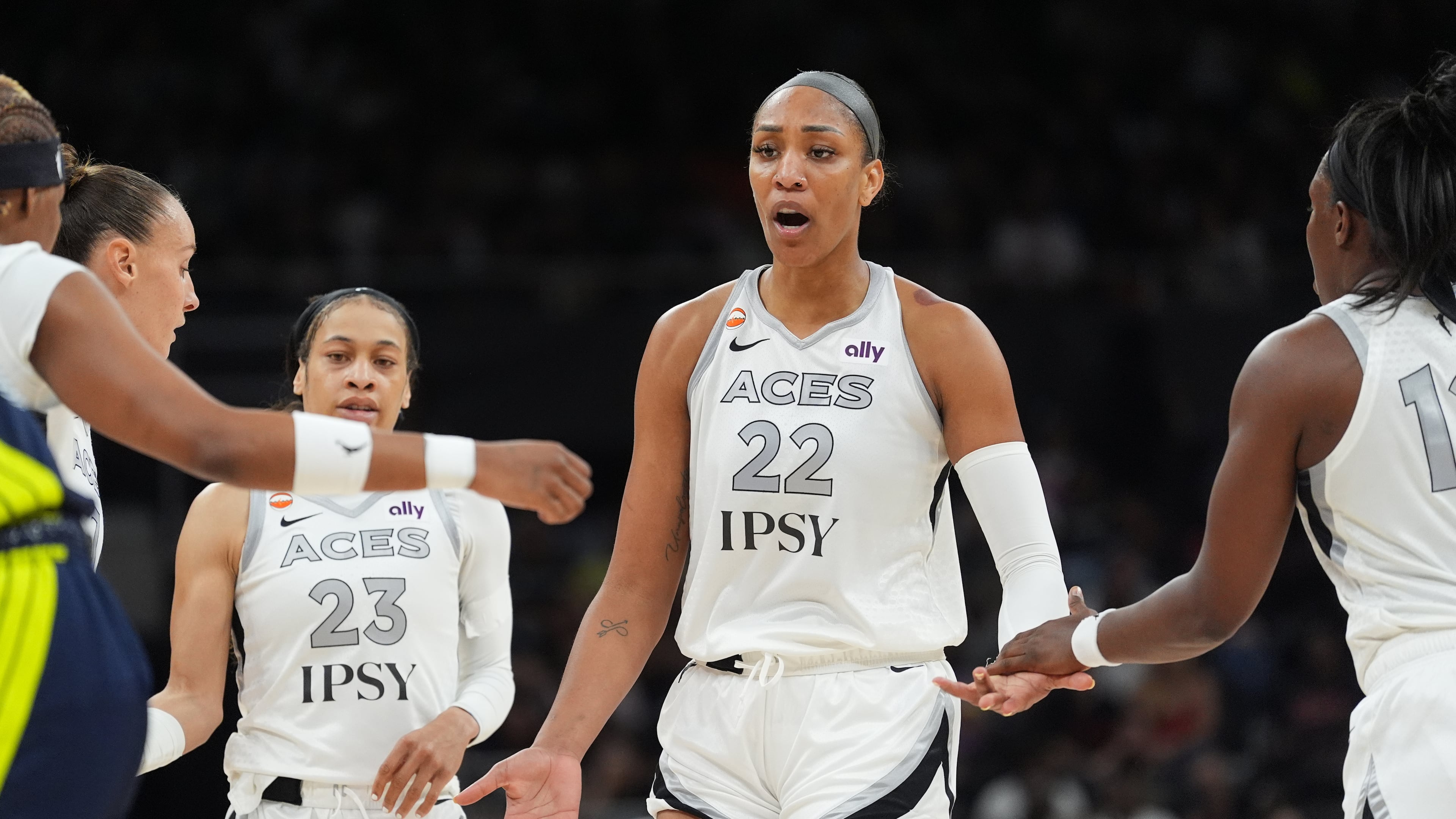 Las Vegas Aces center A'ja Wilson (22) celebrates a play with teammates during the first half of a WNBA preseason basketball game against the Dallas Wings in Austin, Texas, Sunday, May 3, 2026. (AP Photo/Eric Gay)