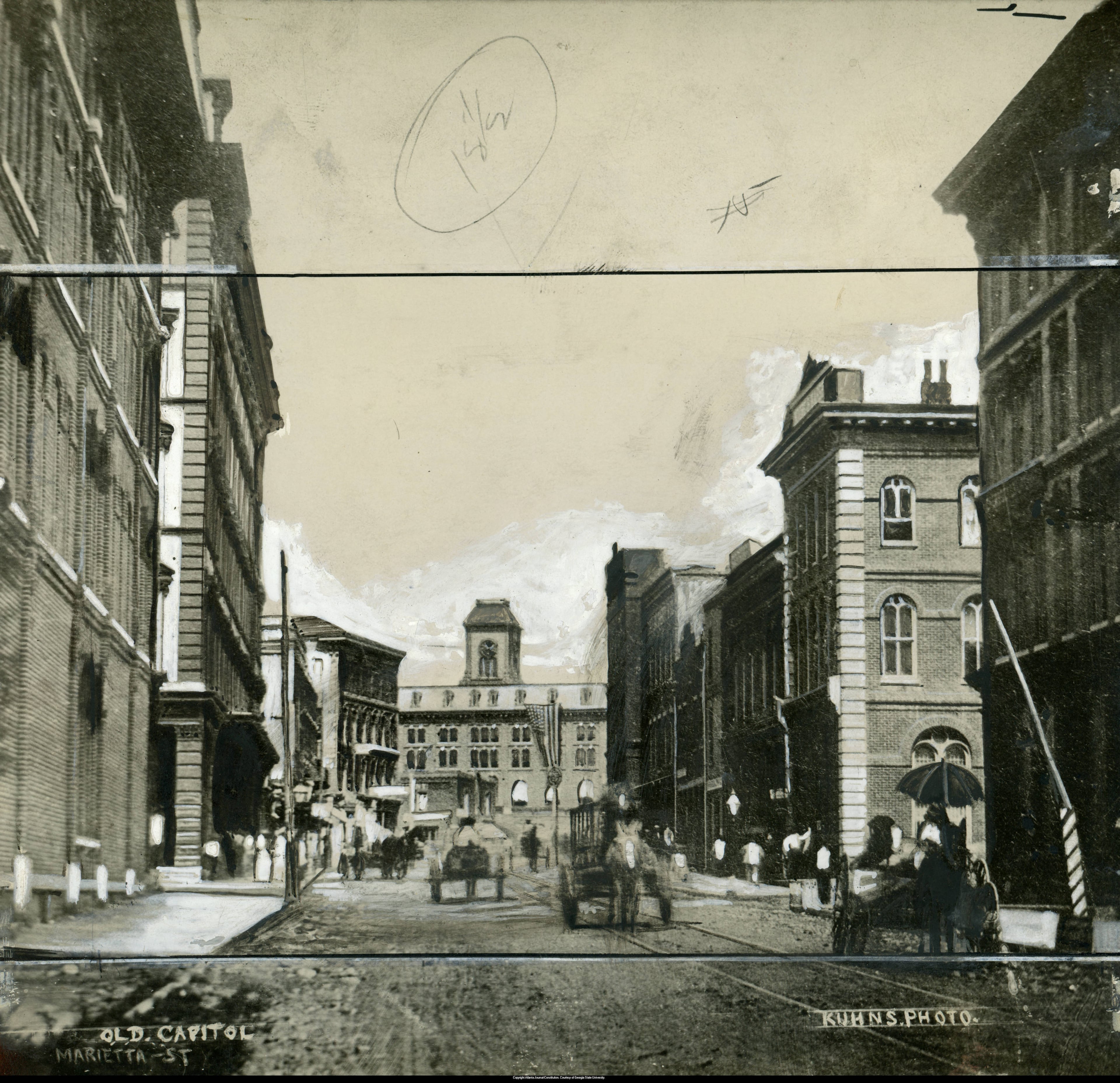 Before the Capitol moved to its present location in 1889, it had been located on the corner of Marietta and Forsyth Streets in the former Kimball Opera House, shown in the center distance in this heavily retouched photo, from sometime in the 1880s. A caption provided by the Atlanta History Center states, "In 1870, the state of Georgia purchased the recently completed Atlanta Opera House at the corner of Marietta and Forsyth Streets in downtown Atlanta, Georgia, to house the state capitol. Atlanta had been designated the temporary state capital in 1868 and became the permanent capital in 1877. The state legislature continued to meet in the building until 1889, when the current Georgia State Capitol building was completed." (William A. Kuhns/AJC Archives/GSU Archives)