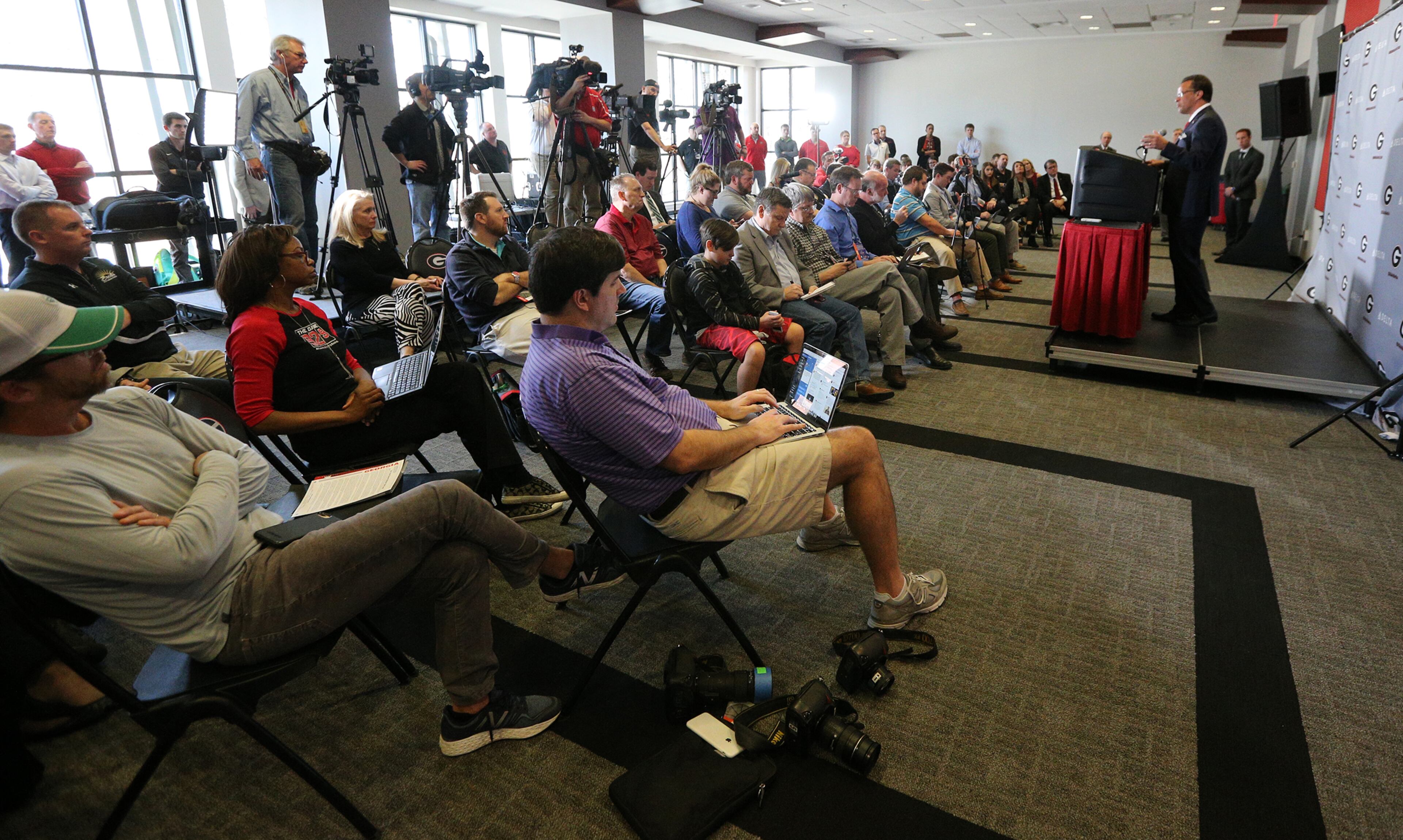 March 16, 2018 Athens: Tom Crean makes a 27 minute opening statement to the media as he is introduced as the new men's basketball head coach at the University of Georgia on Friday, March 16, 2018, at Stegeman Coliseum in Athens. Crean compiled a 356-231 record in 18 seasons at Marquette and Indiana from 1999-2017. Curtis Compton/ccompton@ajc.com