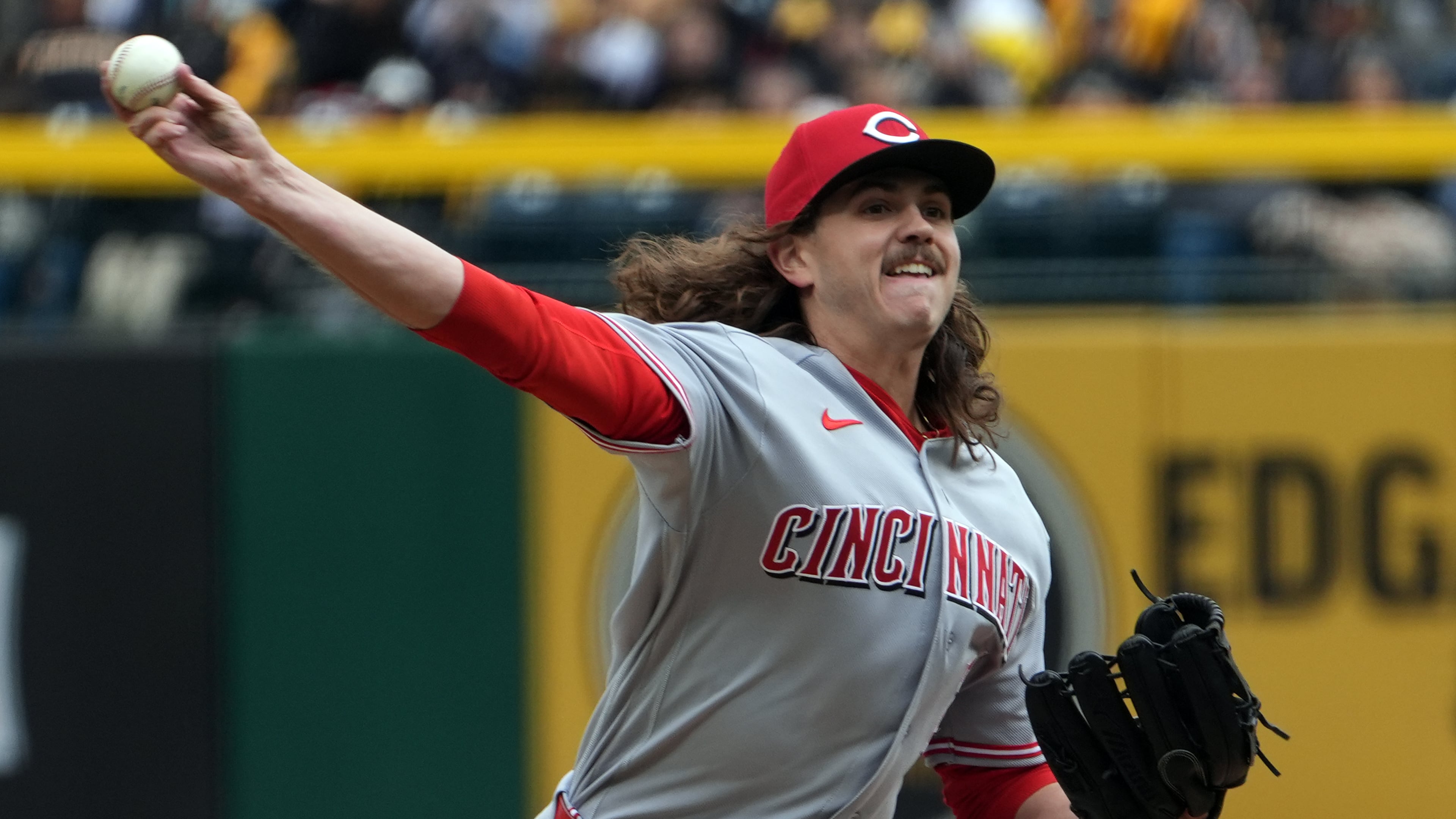 Cincinnati Reds pitcher Rhett Lowder delivers a pitch against the Pittsburgh Pirates in the first inning of a baseball game in Pittsburgh, Saturday, May 2, 2026. (AP Photo/Tom E. Puskar)