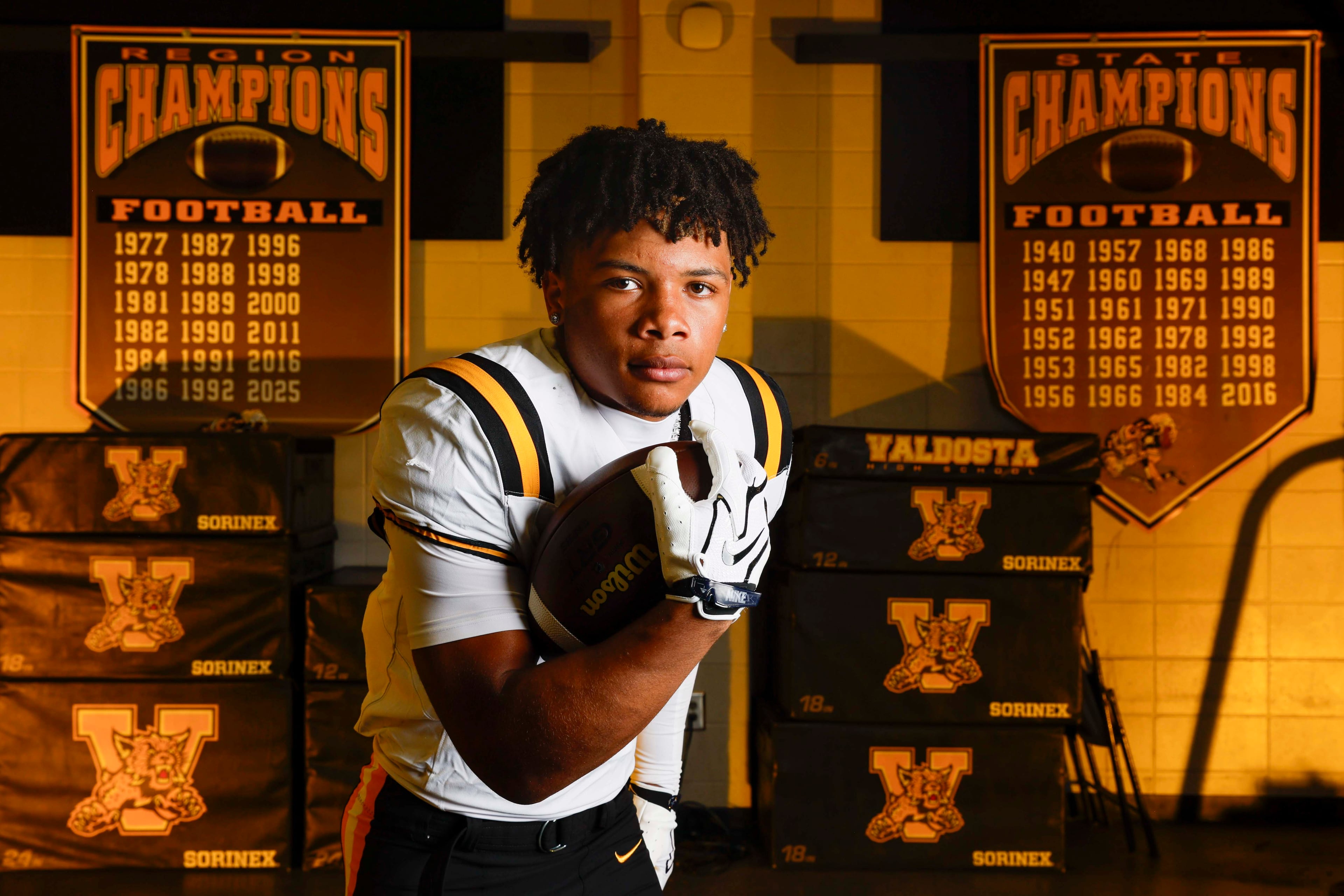 2026 AJC Super 11 Valdosta Marquis Fennell, a running back committed to Stanford University, poses for a portrait at Valdosta High School on Wednesday, July 29, 2026, in Valdosta, GA. (Miguel Martinez/AJC)