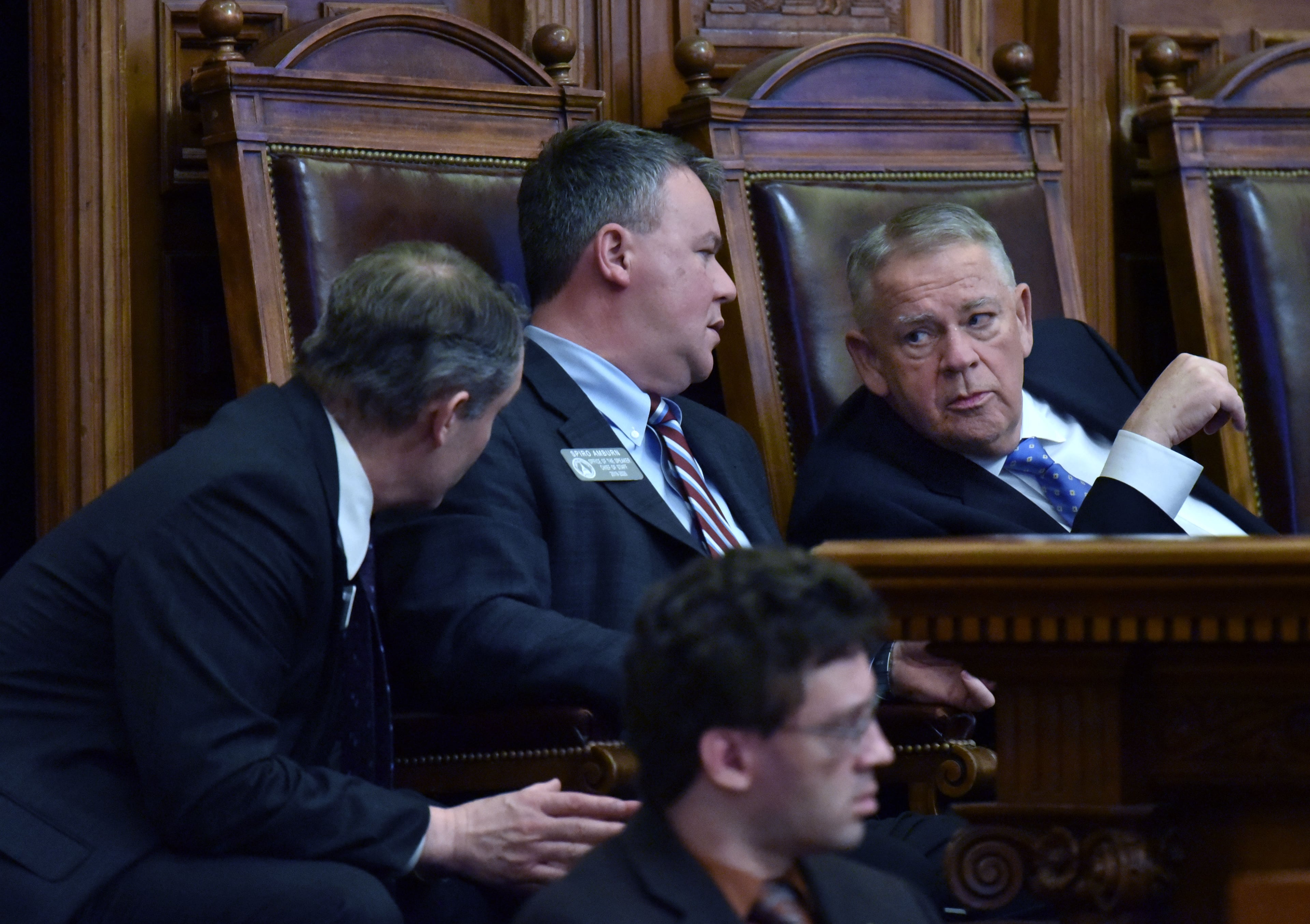 March 7, 2019 Atlanta - Speaker of the House David Ralston (right) confers with Rep. Ed Setzler (left), an Acworth Republican, as the House debates HB 481, which would outlaw abortions once a doctor can detect a heartbeat in the womb, in the House Chambers during Crossover day at the Capitol on Thursday, March 7, 2019. Hundreds of bills hang in the balance at the Georgia Capitol on Thursday, the self-imposed deadline for legislation to pass at least one chamber. Dozens of bills ranging from the hotly contested to the mundane will be debated on Crossover Day, which occurs on the 28th business day of each yearâs 40-day legislative session. HYOSUB SHIN / HSHIN@AJC.COM