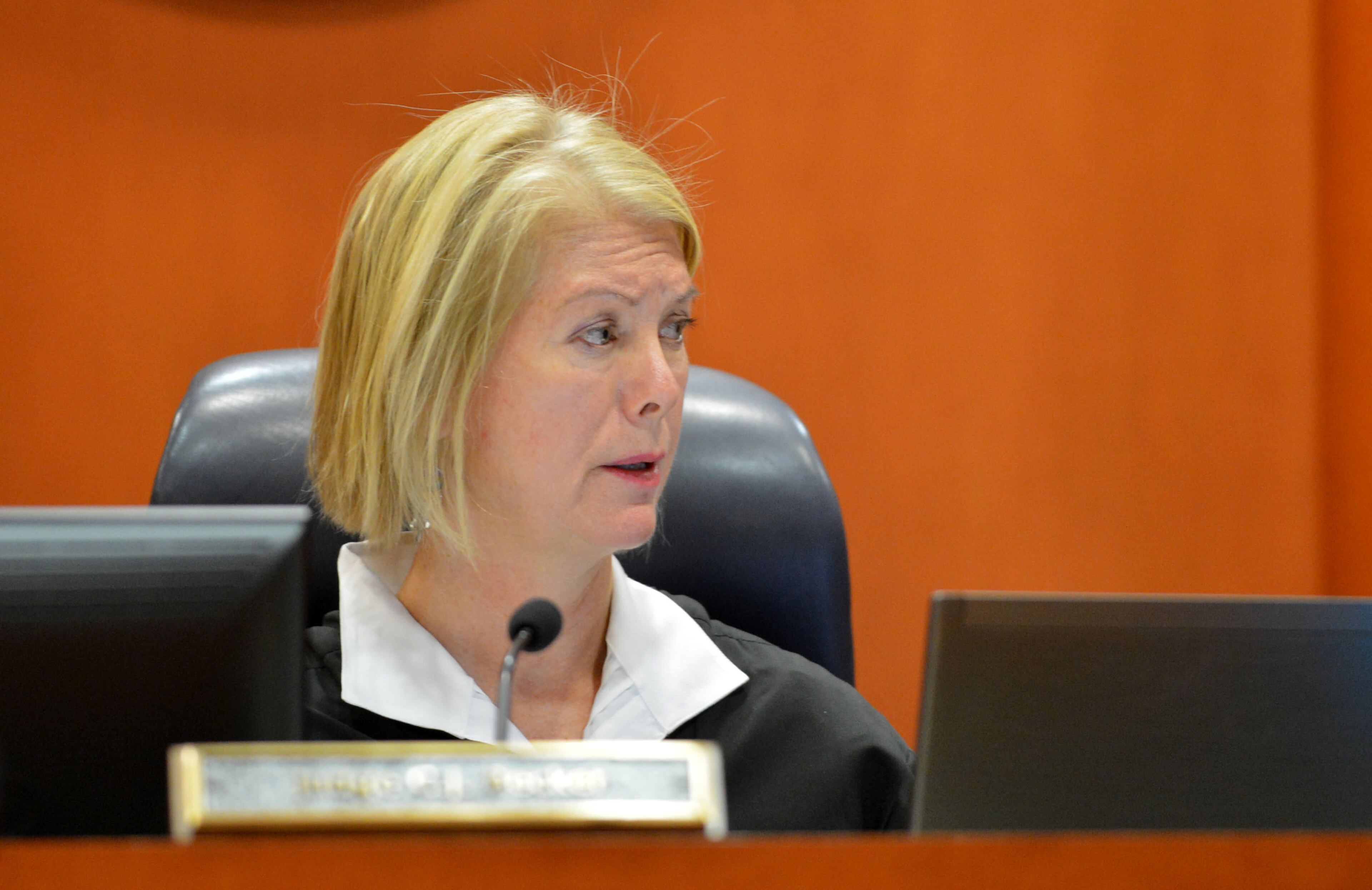 Juror No. 78, Georgette Prater (not shown), is questioned by Judge Cynthia Becker after questions arose Wednesday about jury deliberations. Prater was dismissed from the jury after a note was sent regarding a possible conflict of interest.