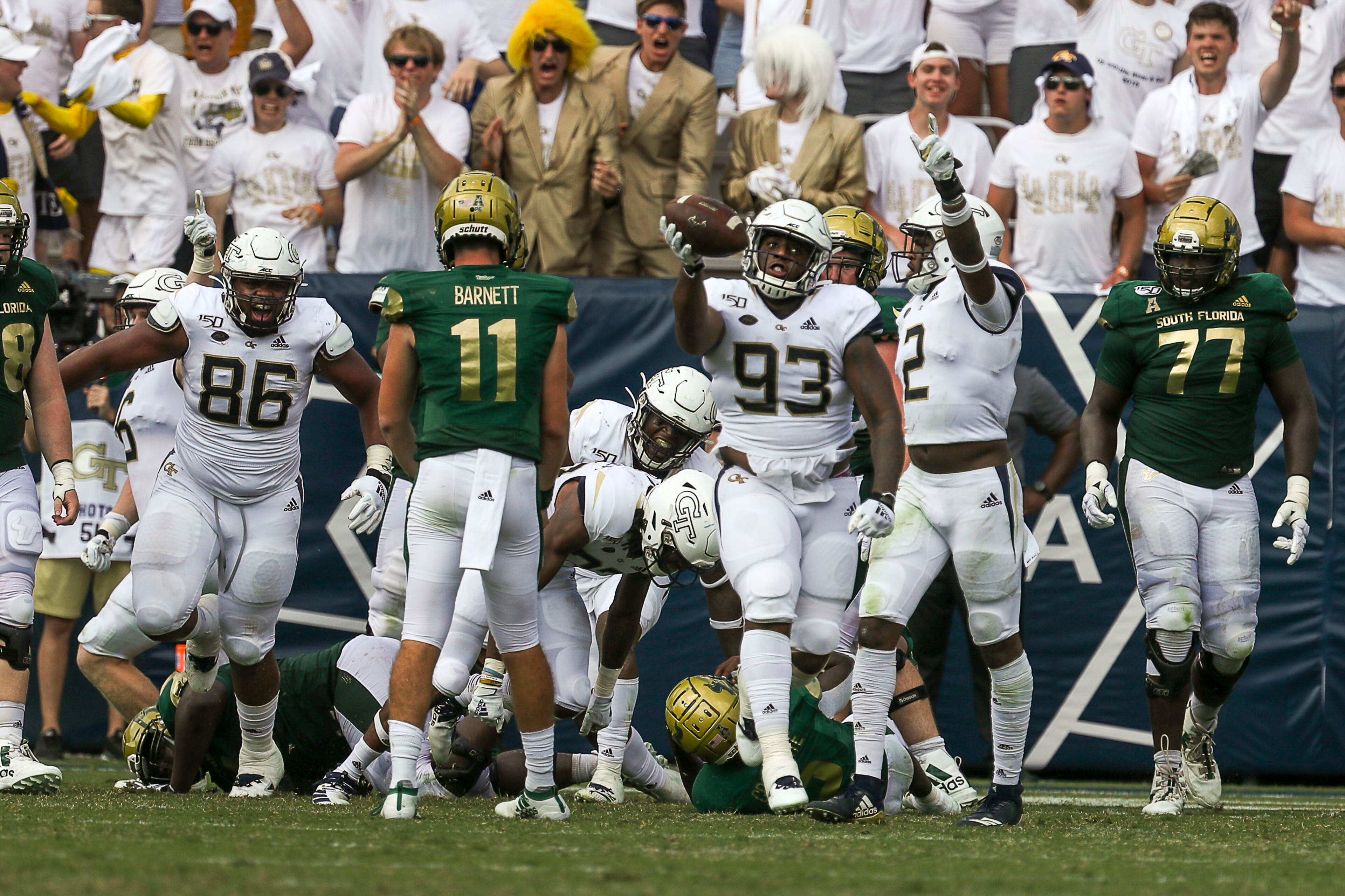 Georgia Tech Yellow Jackets defensive lineman T.K. Chimedza (93) celebrates a fumble recovery during the second half. (Alyssa Pointer/alyssa.pointer@ajc.com)