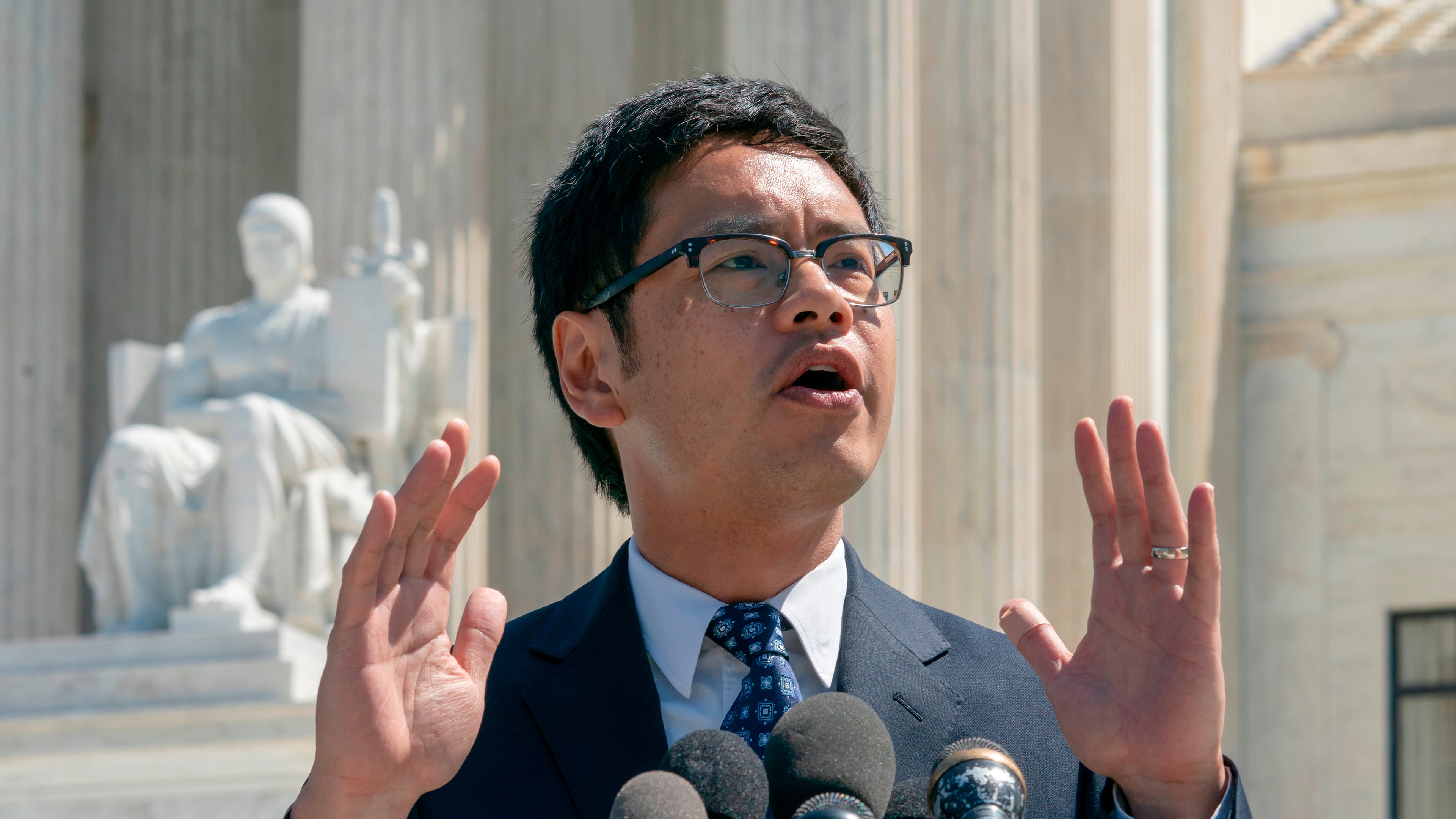 FILE - Dale Ho, an attorney for the American Civil Liberties Union, speaks to reporters after he argued before the Supreme Court against the Trump administration's plan to ask about citizenship on the 2020 census, in Washington, April 23, 2019. (AP Photo/J. Scott Applewhite, File)