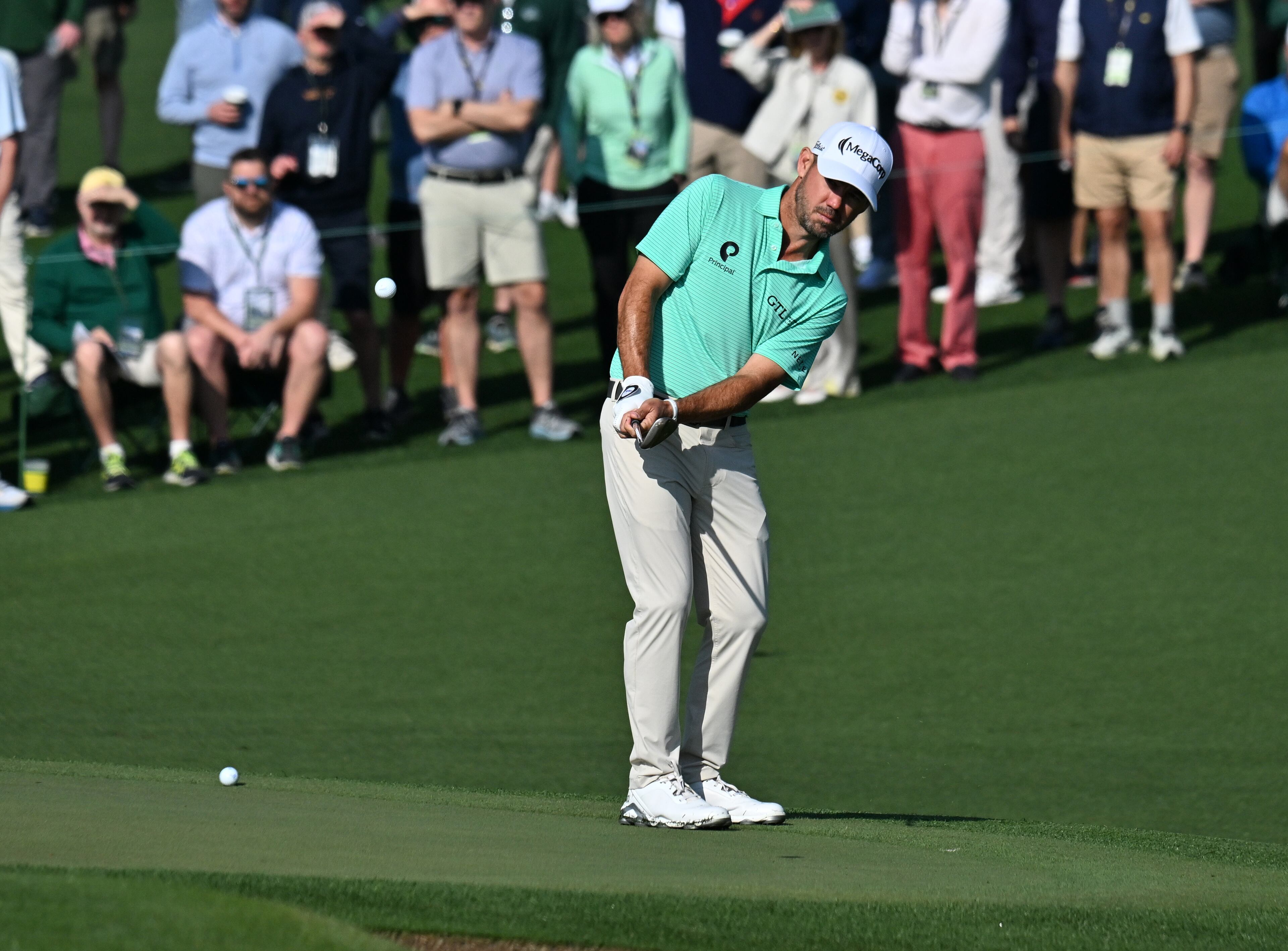 Brian Harman on second green during first round of the Masters golf tournament, at Augusta National Golf Club, Thursday, April 10, 2025, in Augusta, Ga. (Hyosub Shin / AJC)