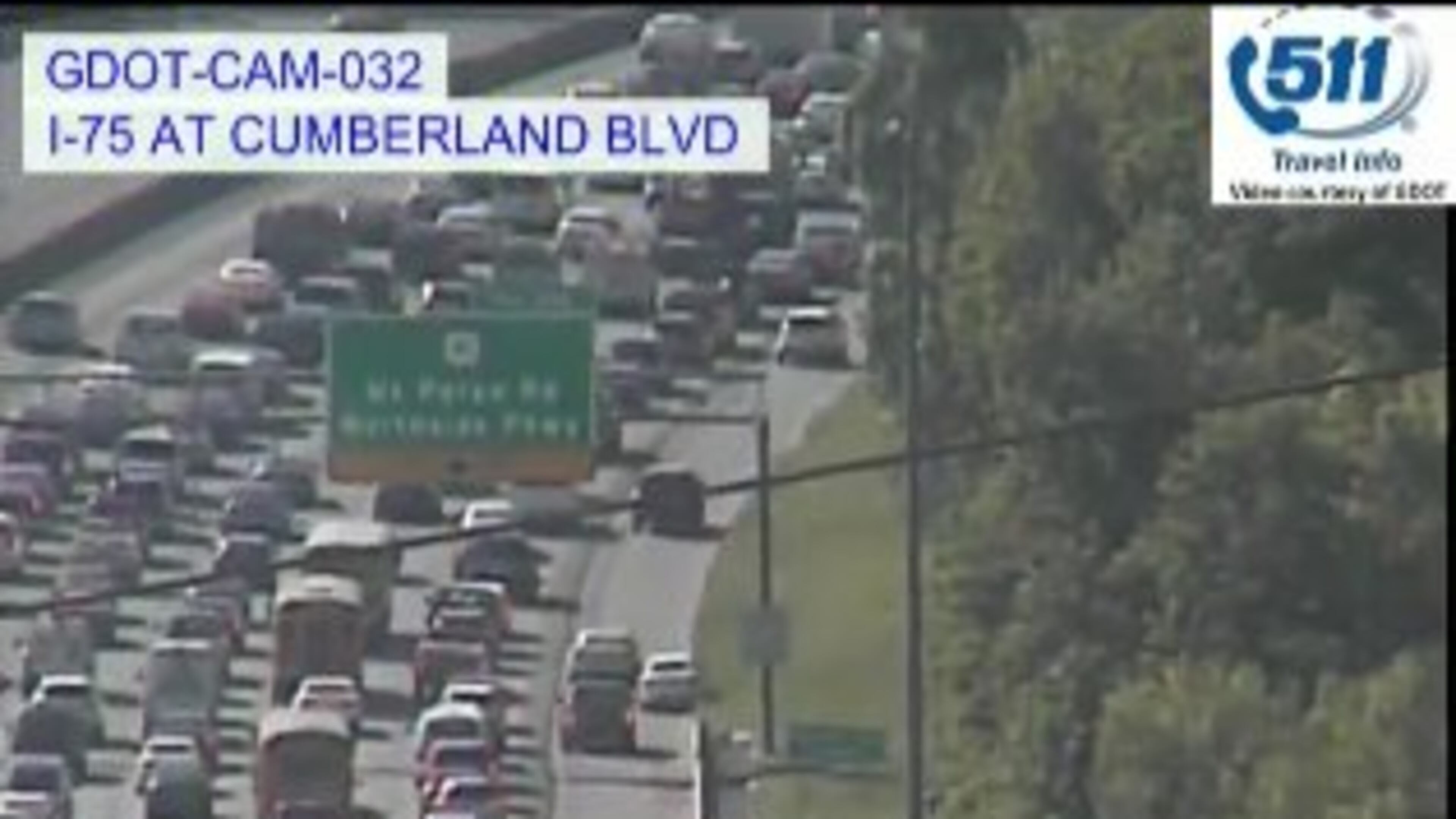 Delays stretched all the way to Cumberland Boulevard after a suspicious package investigation temporarily shut down I-75 South at the Howell Mill Road exit ramp. (Credit: Georgia Department of Transportation)