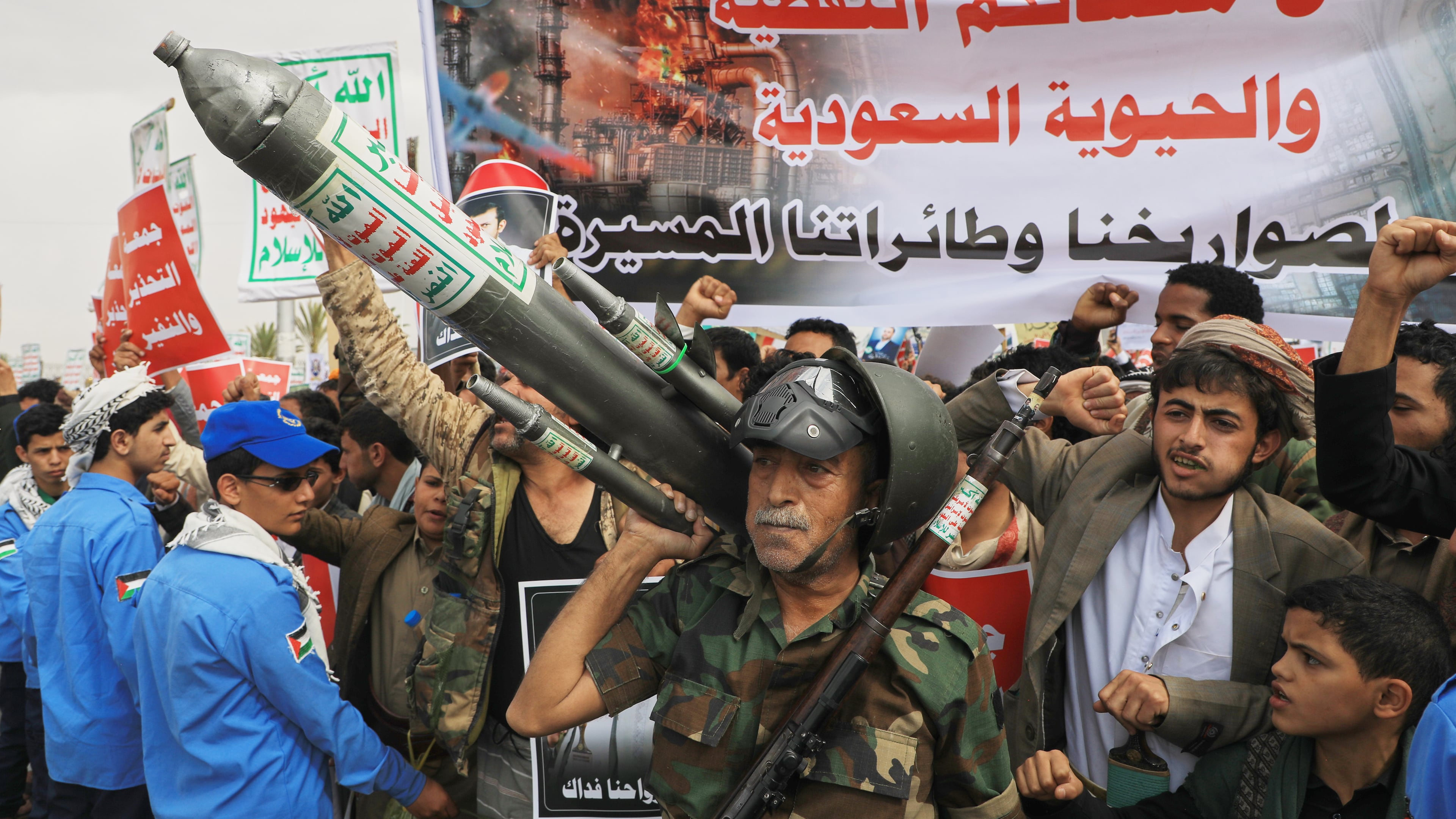 Houthi supporters hold a rally in Sanaa, Yemen, Friday, July 17, 2026, against the Saudi-led coalition. Banner in Arabic reads, "All Saudi oil facilities are targets to our missiles and drones." (AP Photo/Osamah Abdulrahman)