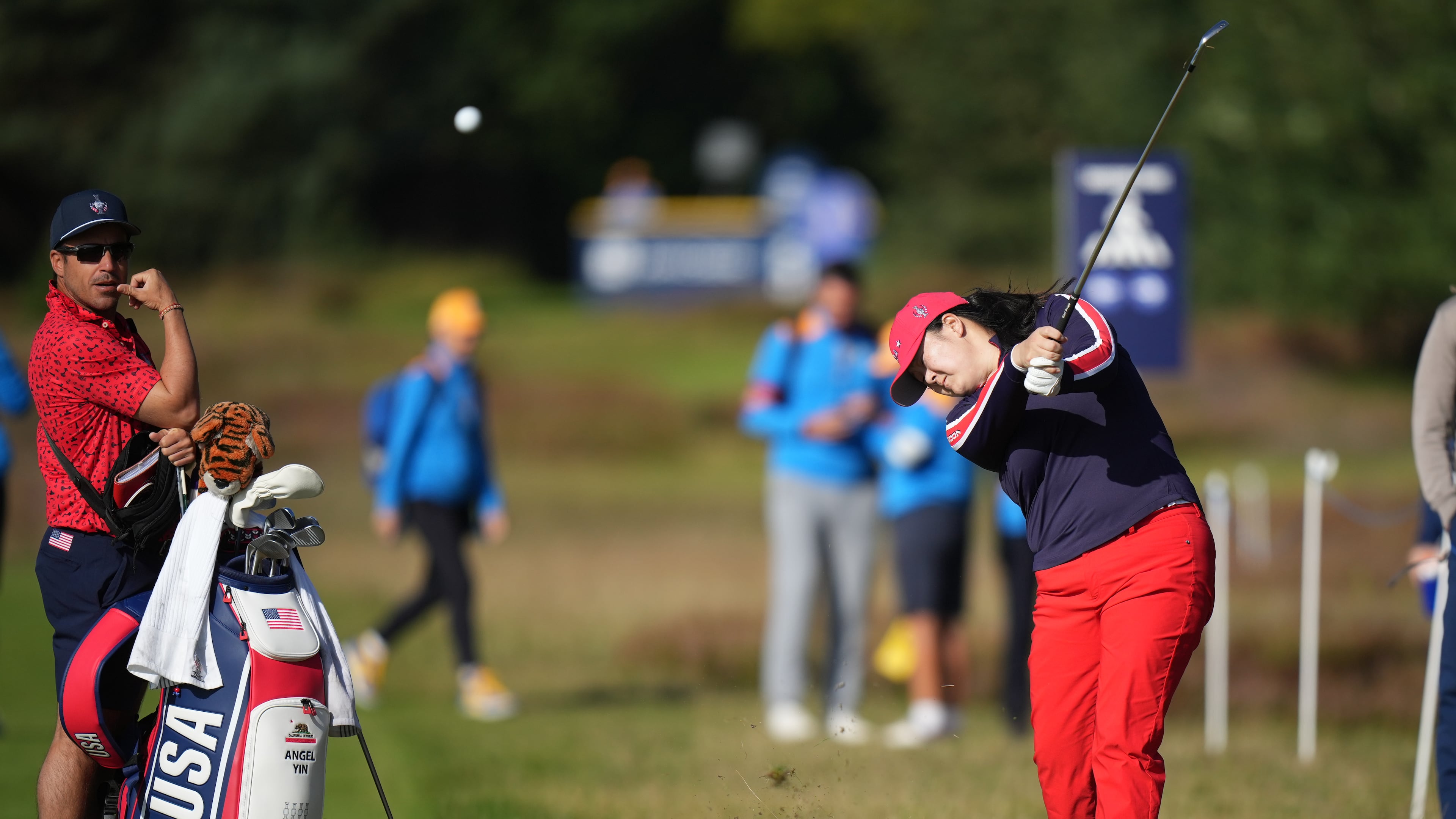 Angel Yin of the United States plays from the rough on the 5th hole during a practice round for the Solheim Cup at the Bernardus Golf course in Vught, Netherlands, Wednesday, Sept. 9, 2026. (AP Photo/Alastair Grant)