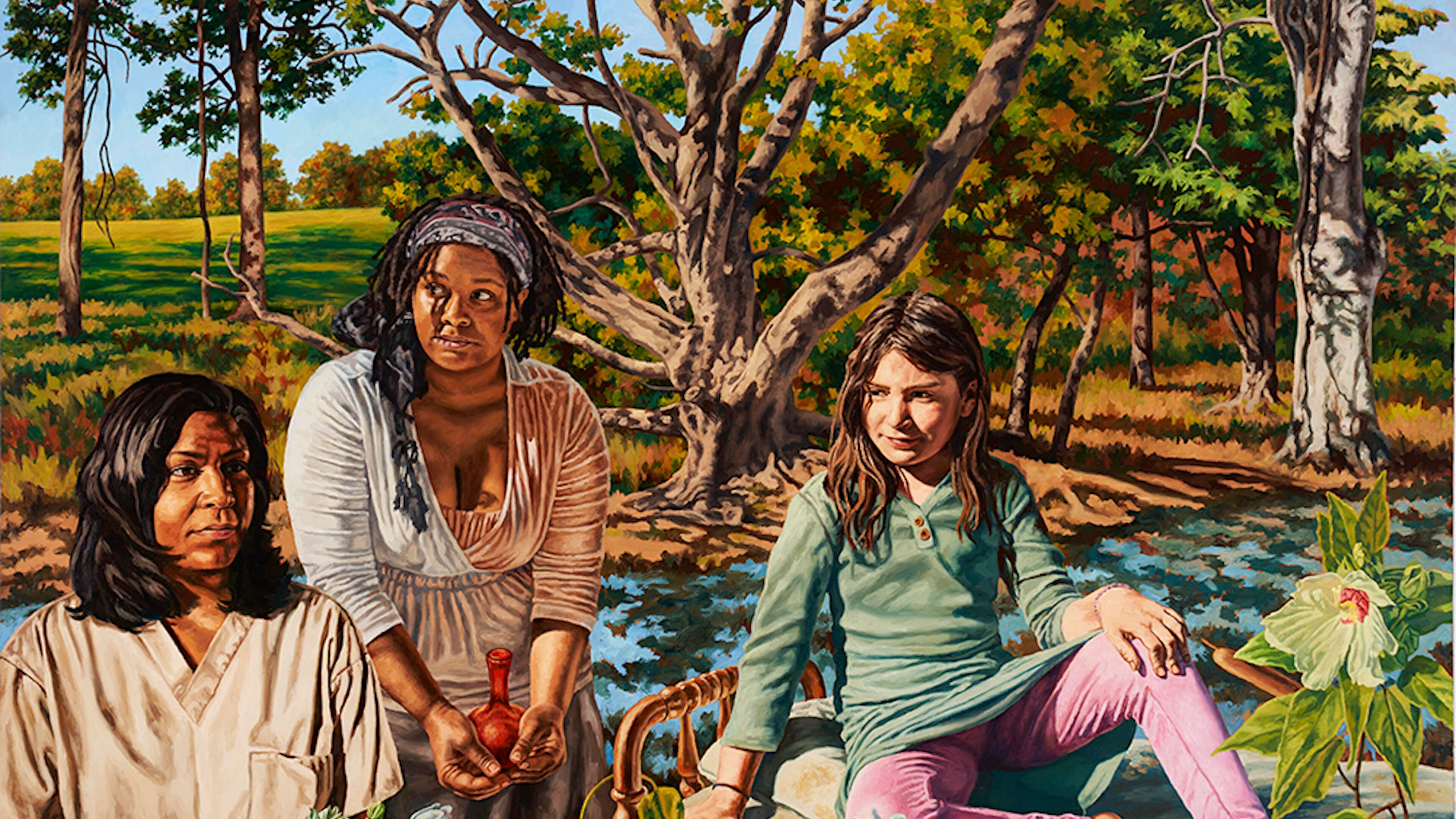 Virginia Derryberry's "The Three Graces," part of her Marietta Cobb Museum of Art exhibit through Dec. 17, is a commentary on classic paintings of the mythological figures. Photo: Courtesy of Virginia Derryberry