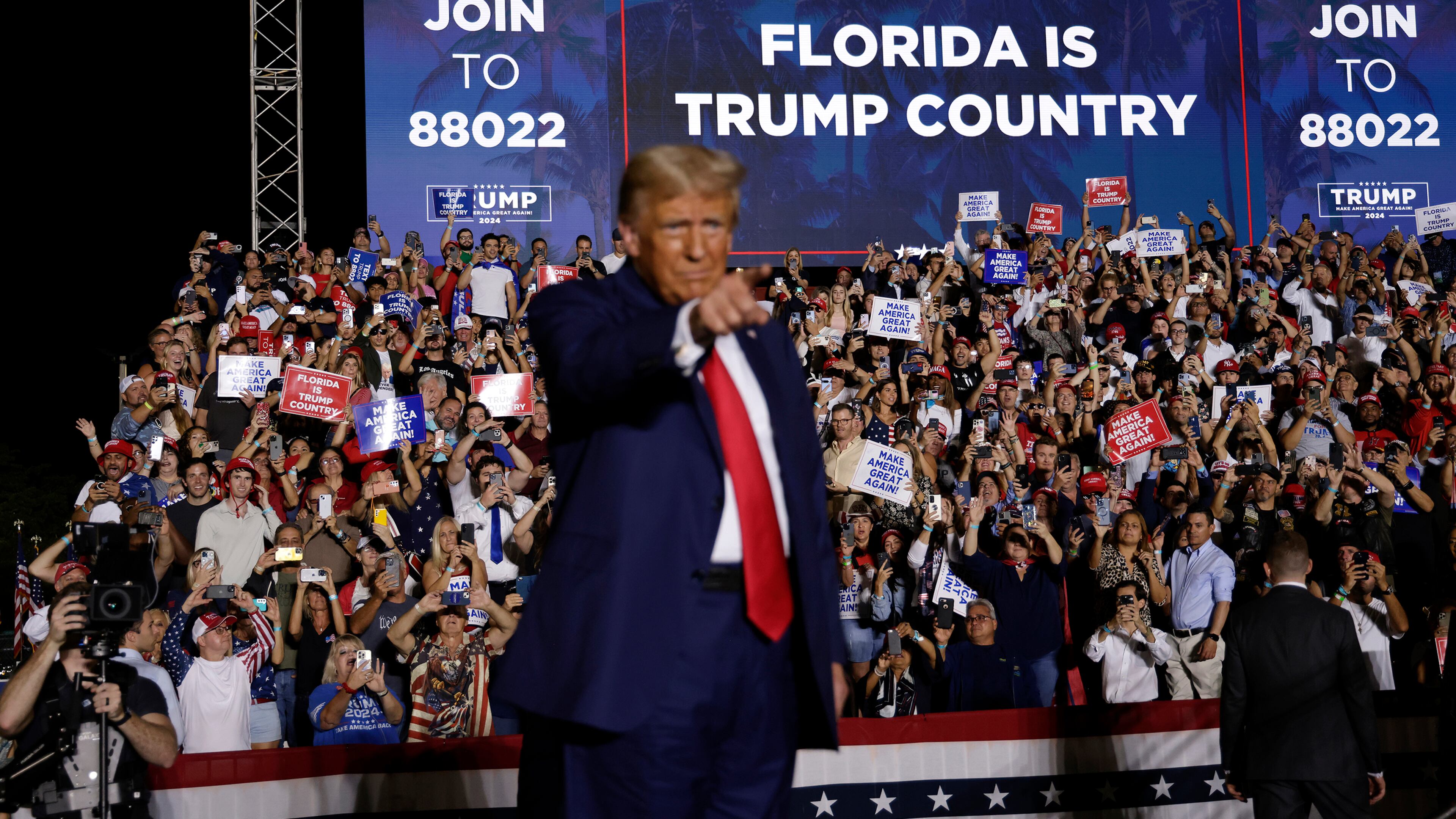 Former President Donald Trump on stage during a rally at The Ted Hendricks Stadium at Henry Milander Park on Wednesday, Nov. 8, 2023, in Hialeah, Florida. (Alon Skuy/Getty Images/TNS)
