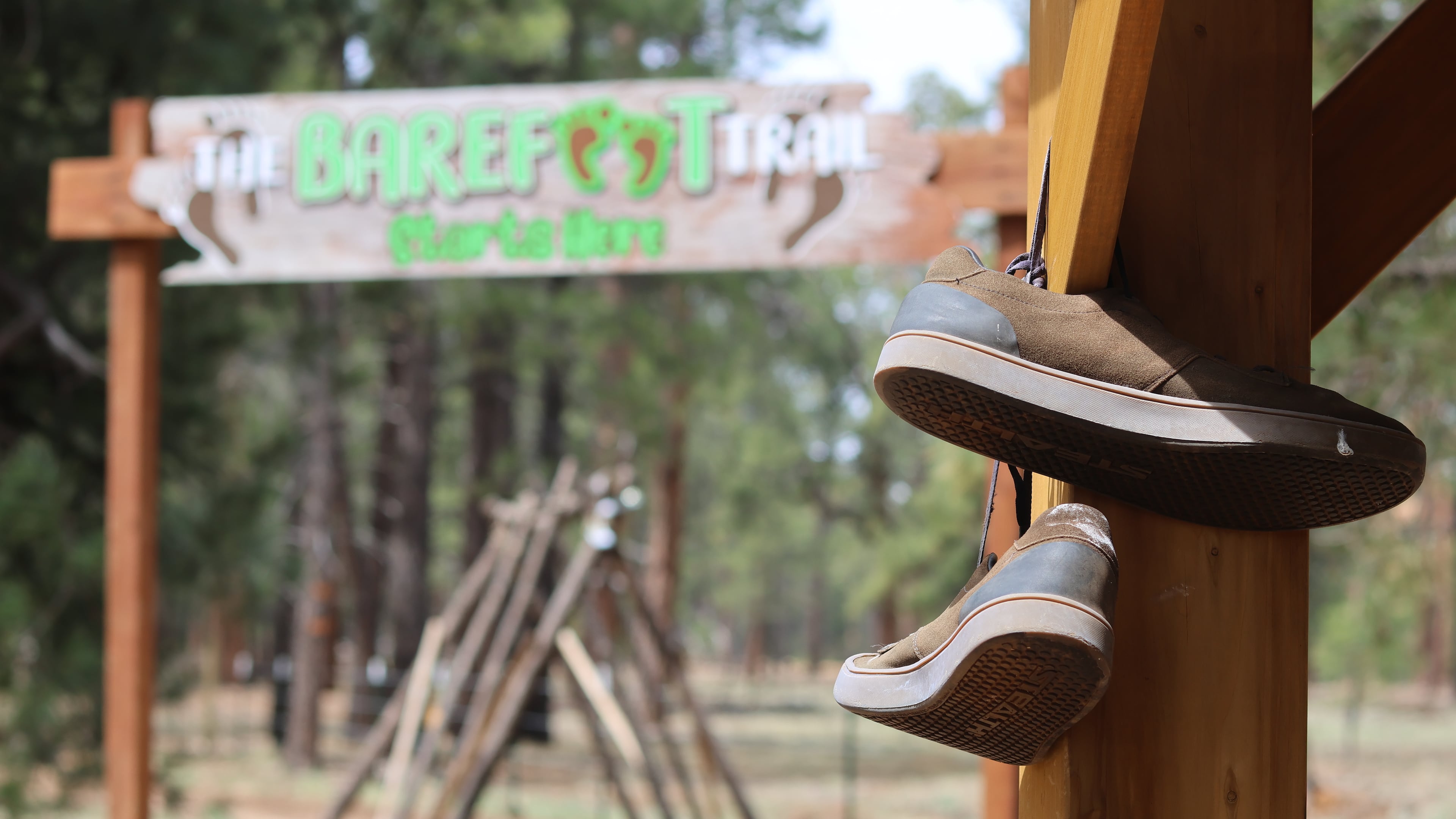 Shoes hang near the entrance of a barefoot trail near Flagstaff, Ariz, on Thursday, April 16, 2026. (AP Photo/Cheyanne Mumphrey)