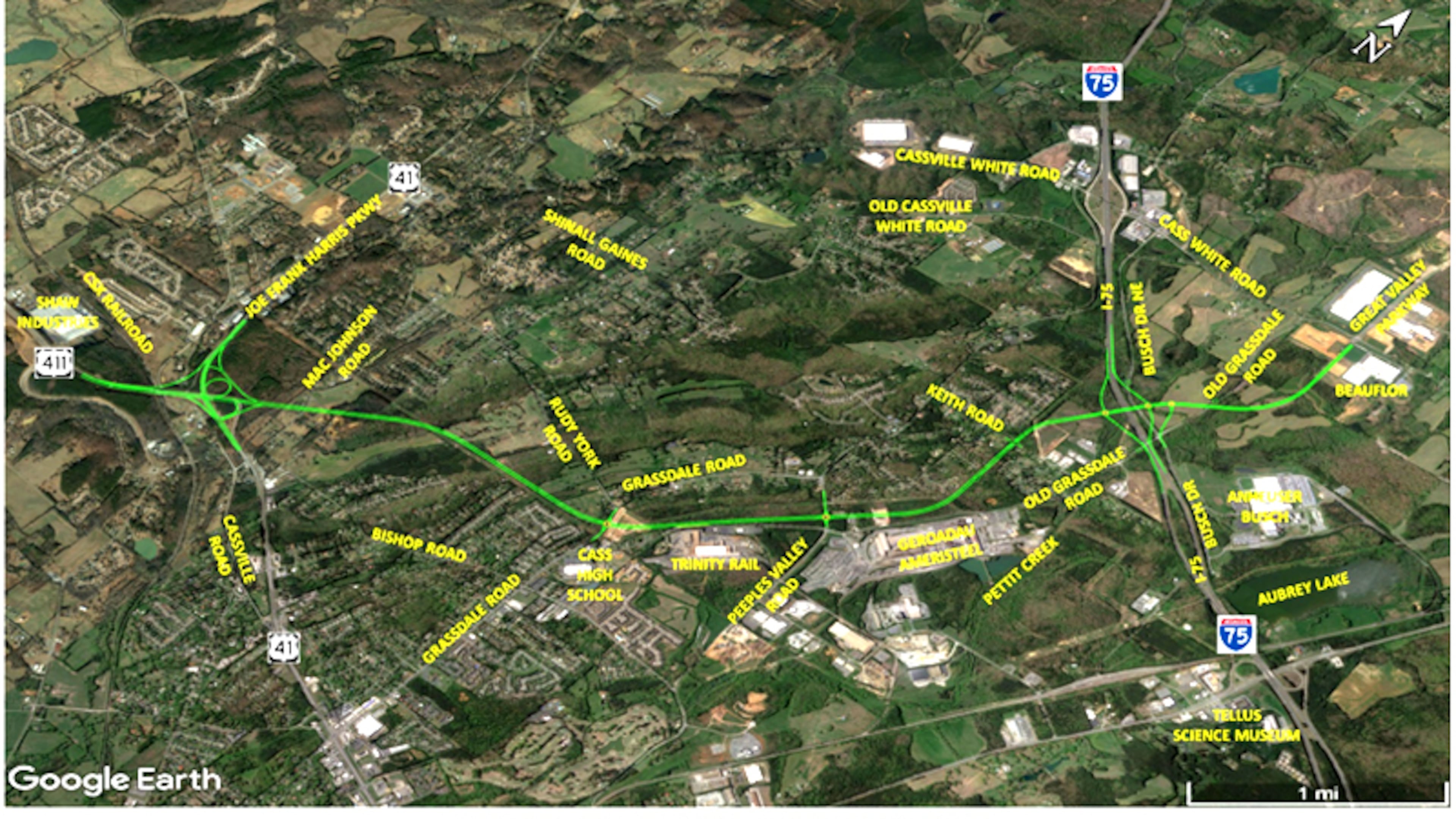 Map depicts a proposed connector that would create a direct link between I-75 and U.S. 411 to Rome in the Cartersville area. An open house on the plan is set for Tuesday, Feb. 26, in Cartersville. GEORGIA DEPARTMENT OF TRANSPORTATION