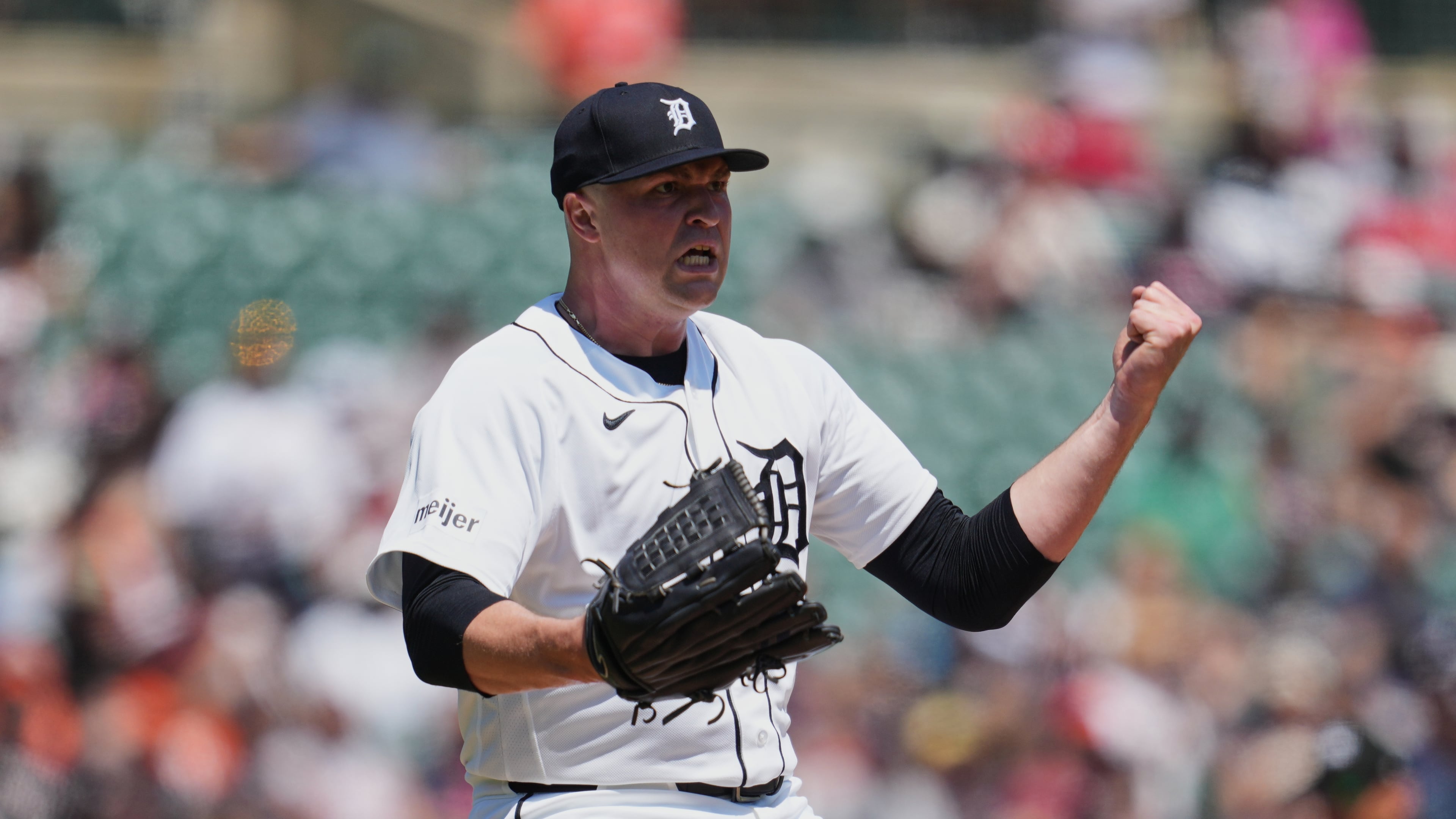 Detroit Tigers pitcher Tarik Skubal reacts to striking out Philadelphia Phillies' Kyle Schwarber to end the fifth inning Sunday, July 12, 2026, in Detroit. (AP Photo/Paul Sancya)