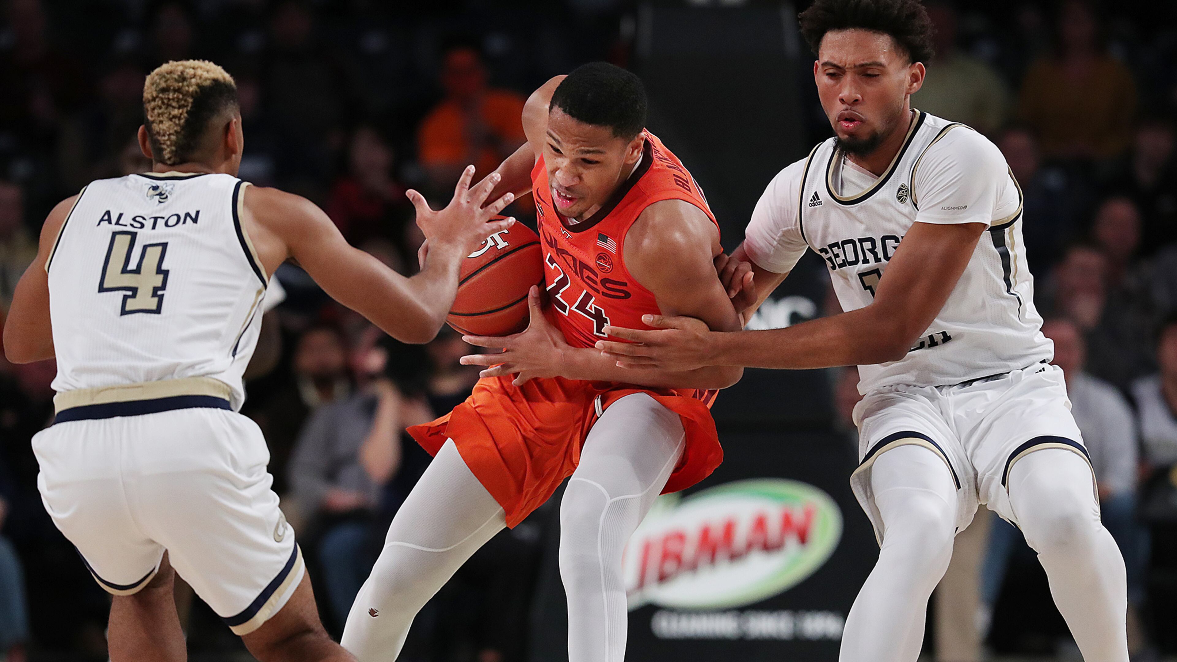 Georgia Tech defenders Brandon Alston and James Banks III double team Virginia Tech forward Kerry Blackshear III during the second half in a NCAA basketball at McCamish Pavilion on Wednesday, Jan. 9, 2019, in Atlanta. Curtis Compton/ccompton@ajc.com