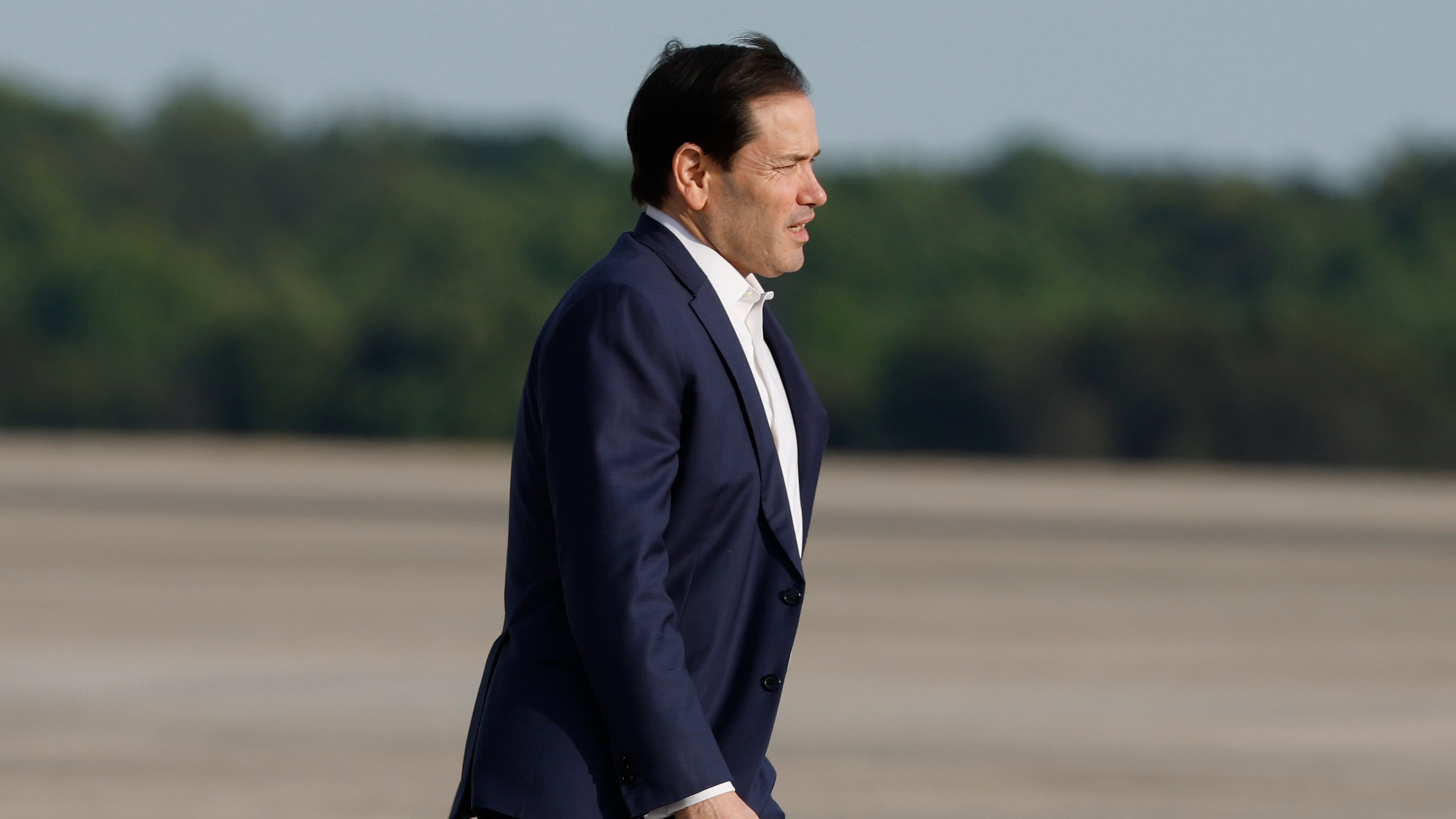 Secretary of State Marco Rubio departs Air Force One upon President Trump's arrival at Joint Base Andrews, Md., Friday, May 15, 2026. (AP Photo/Luis M. Alvarez)