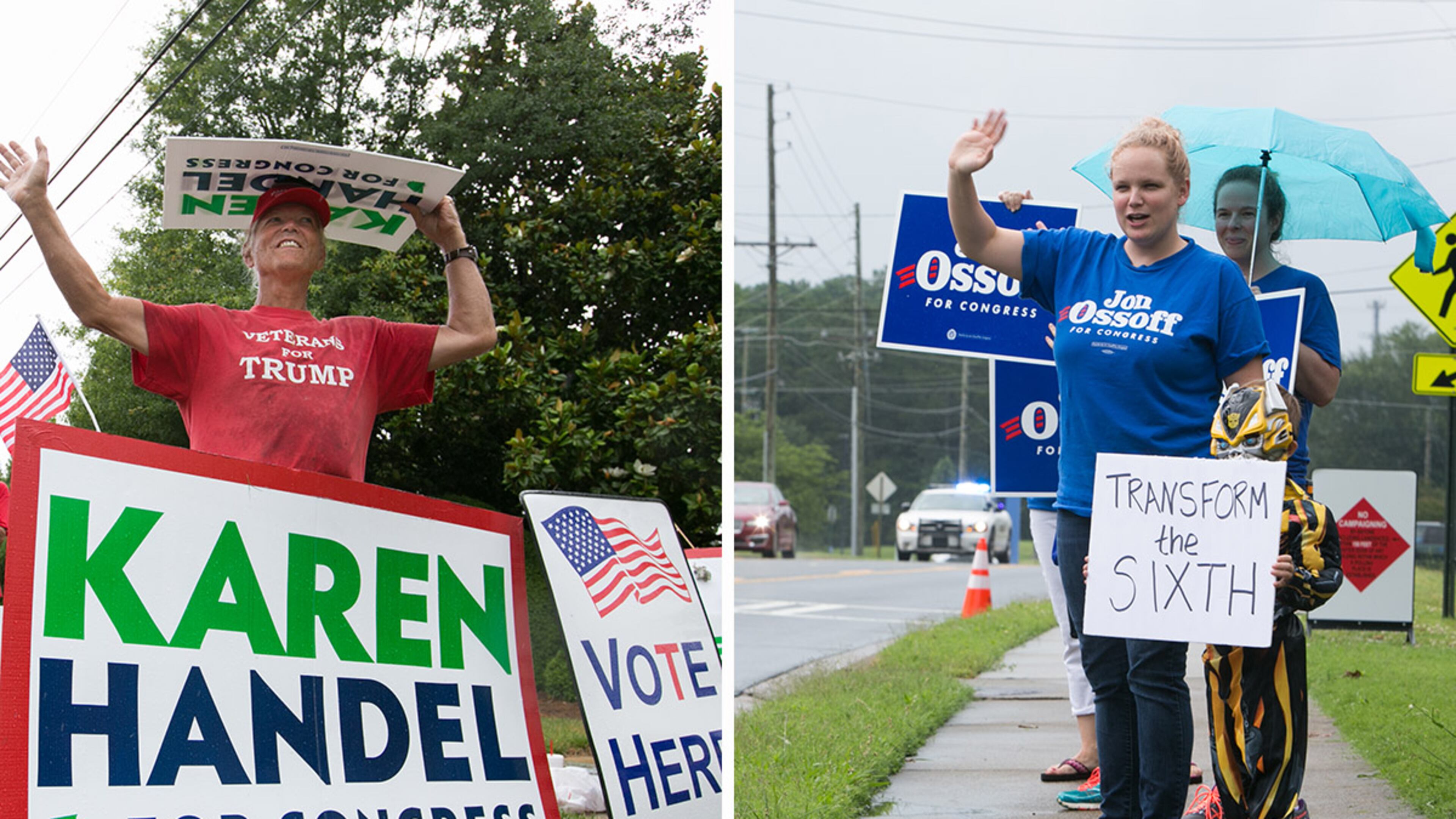 Karen Handel and Jon Ossoff supporters hold campaign signs outside of the East Cobb Government Center on June 20, 2017 in Marietta, Georgia. (Photo by Jessica McGowan/Getty Images)