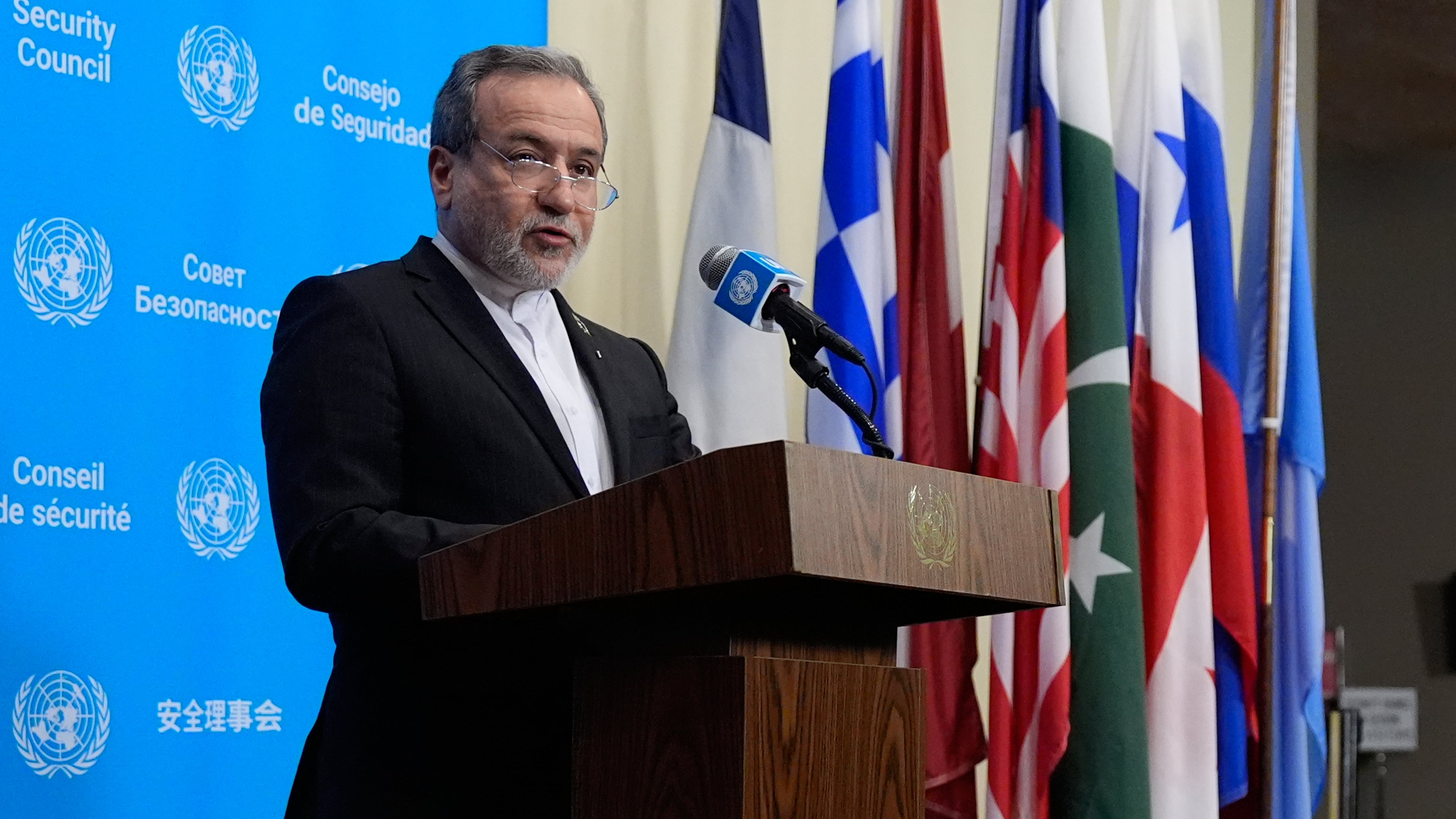 Iran's Foreign Minister Abbas Araghchi speaks to the media during the 81st session of the United Nations General Assembly at United Nations headquarters, Friday, Sept. 25, 2026. (AP Photo/Yuki Iwamura)