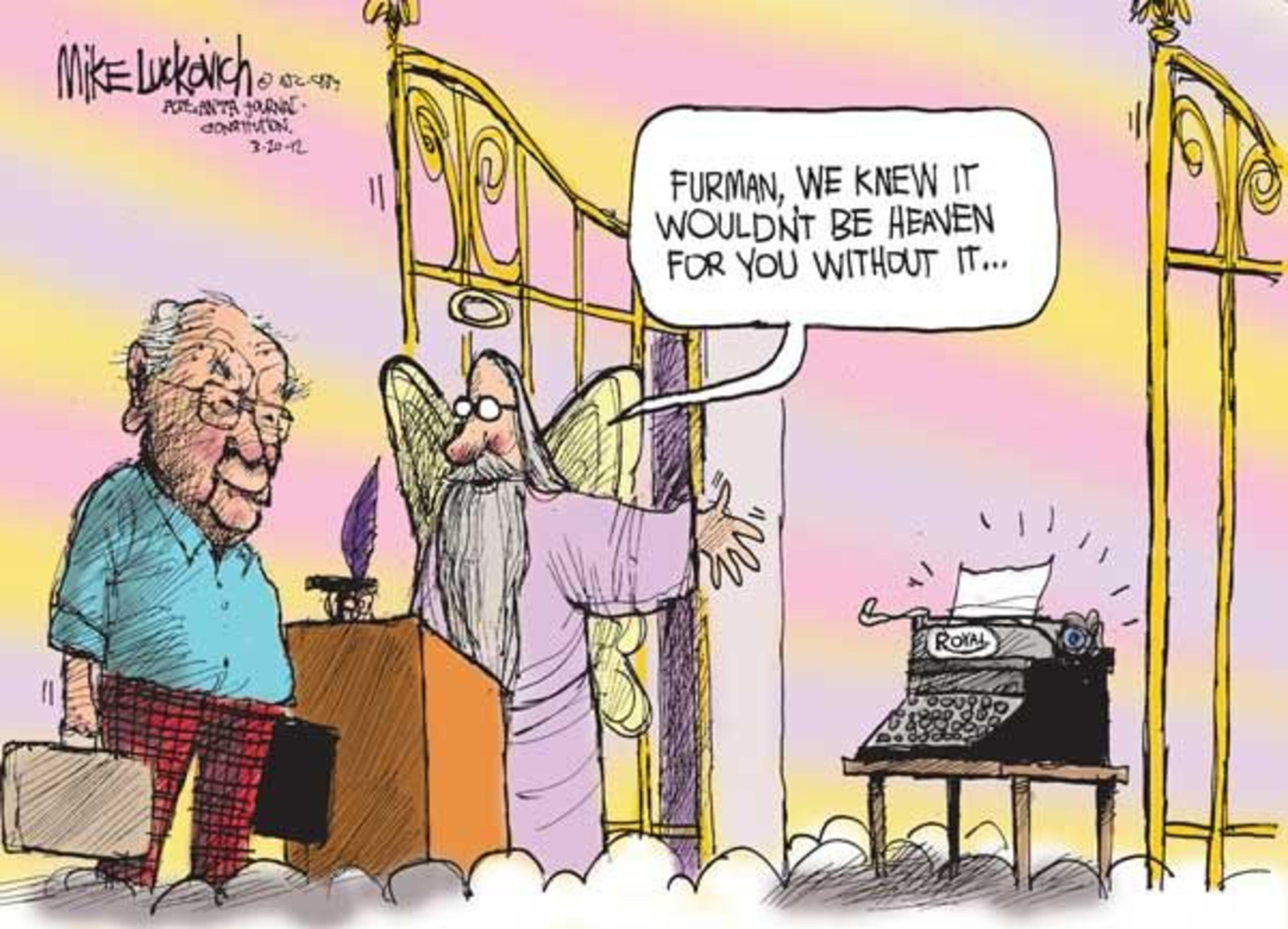 The cartoon Mike Luckovich drew when Furman Bisher died.