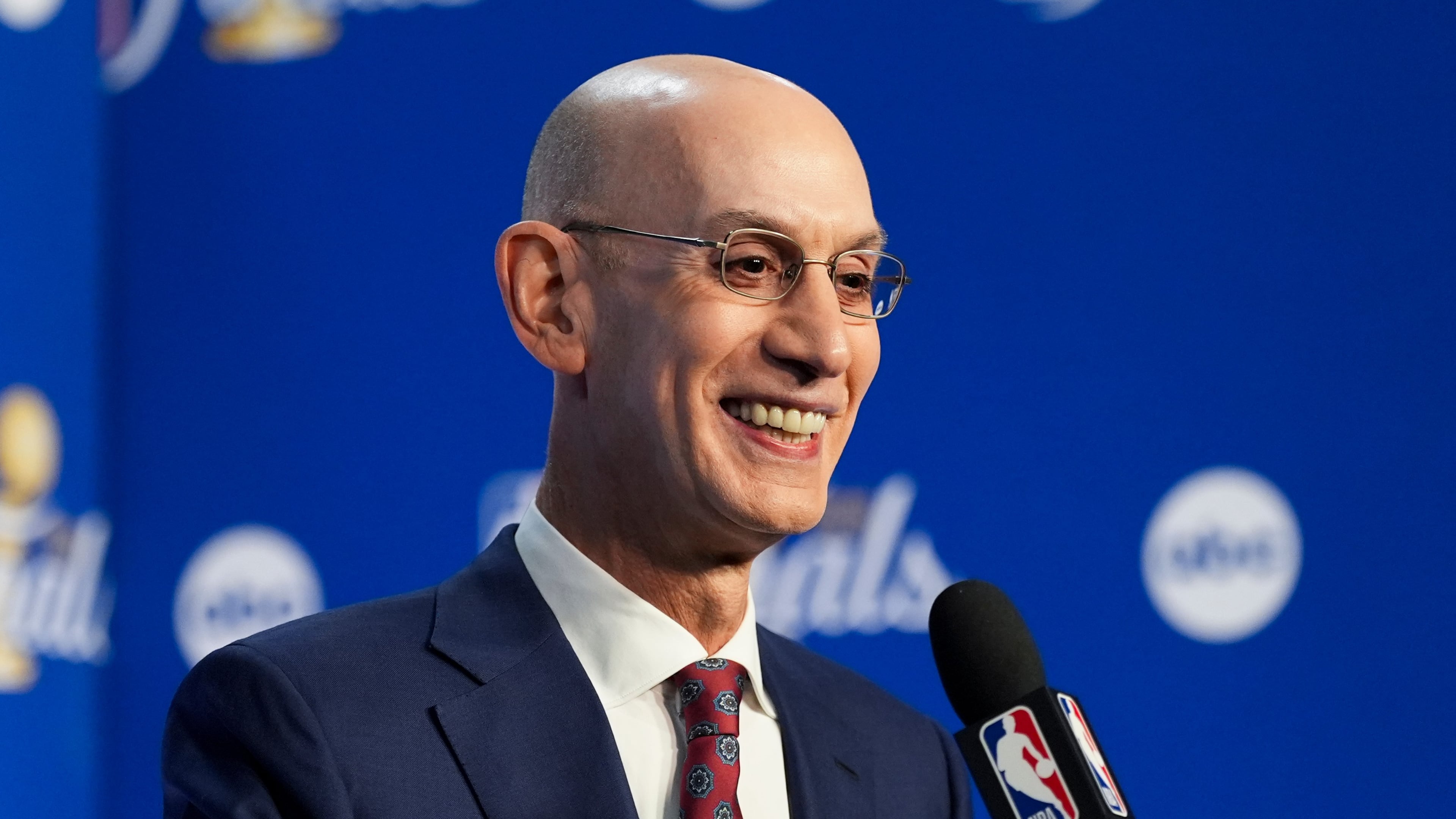 NBA Commissioner Adam Silver speaks prior to Game 1 of the NBA Finals basketball series between the New York Knicks and the San Antonio Spurs, Wednesday, June 3, 2026, in San Antonio. (AP Photo/Eric Gay)