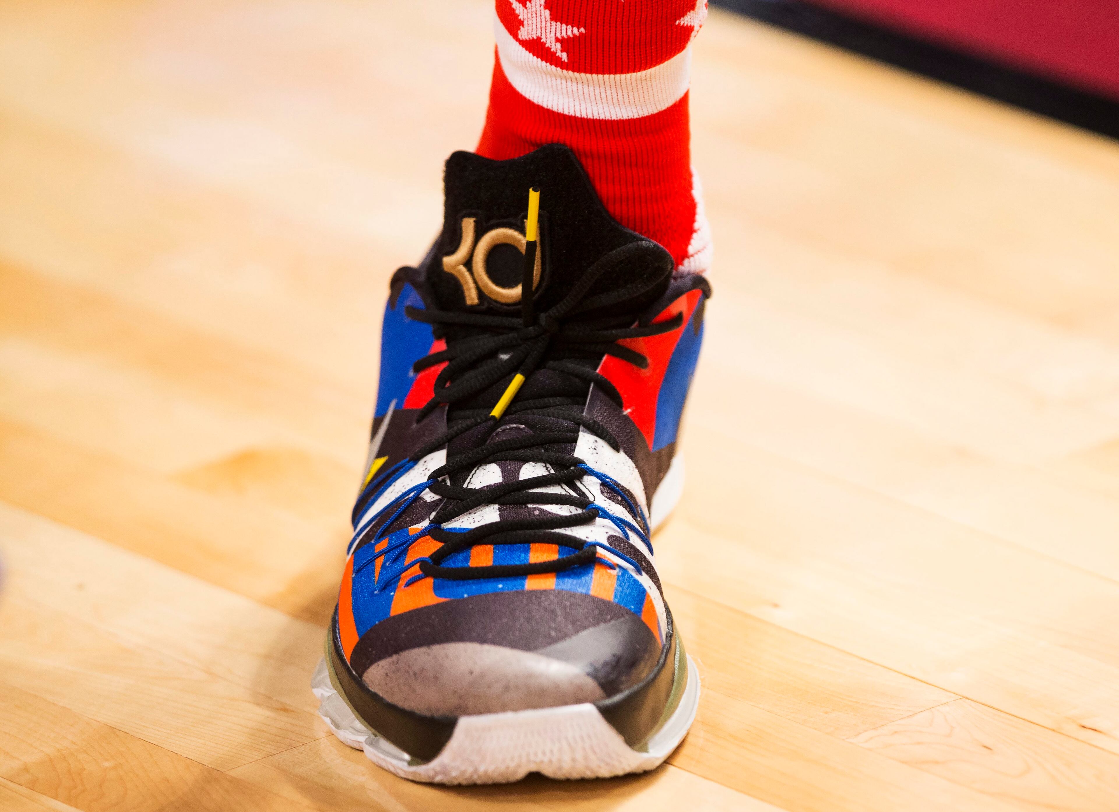 SHOES: Nike KD 8 FILE PHOTO - Oklahoma City Thunder forward Kevin Durant (35) custom shoes are shown during the first half of the NBA all-star basketball game, Sunday, Feb. 14, 2016 in Toronto. (Mark Blinch/The Canadian Press via AP) MANDATORY CREDIT