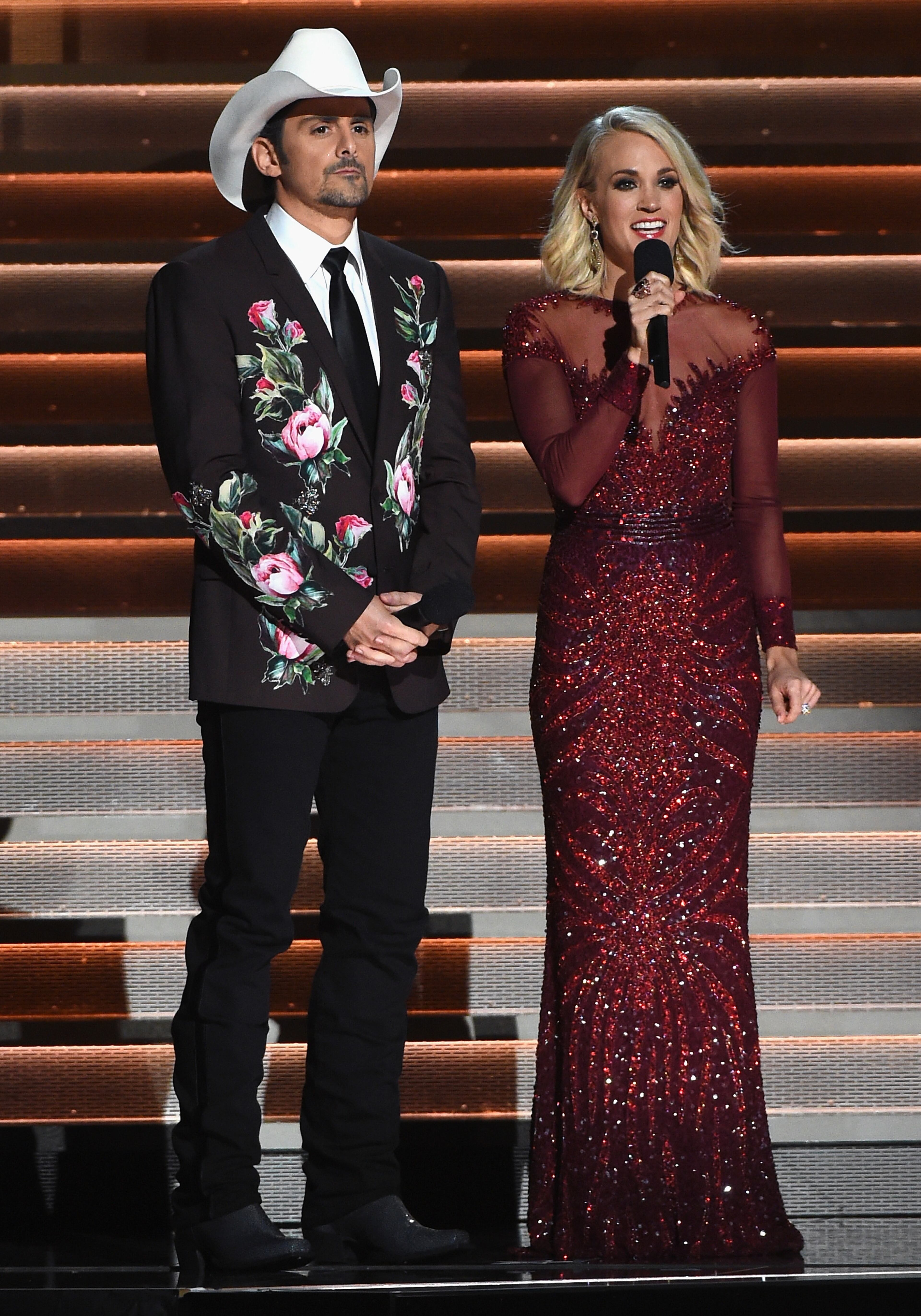 NASHVILLE, TN - NOVEMBER 02: Co-hosts Brad Paisley and Carrie Underwood perform onstage at the 50th annual CMA Awards at the Bridgestone Arena on November 2, 2016 in Nashville, Tennessee. (Photo by Rick Diamond/Getty Images)