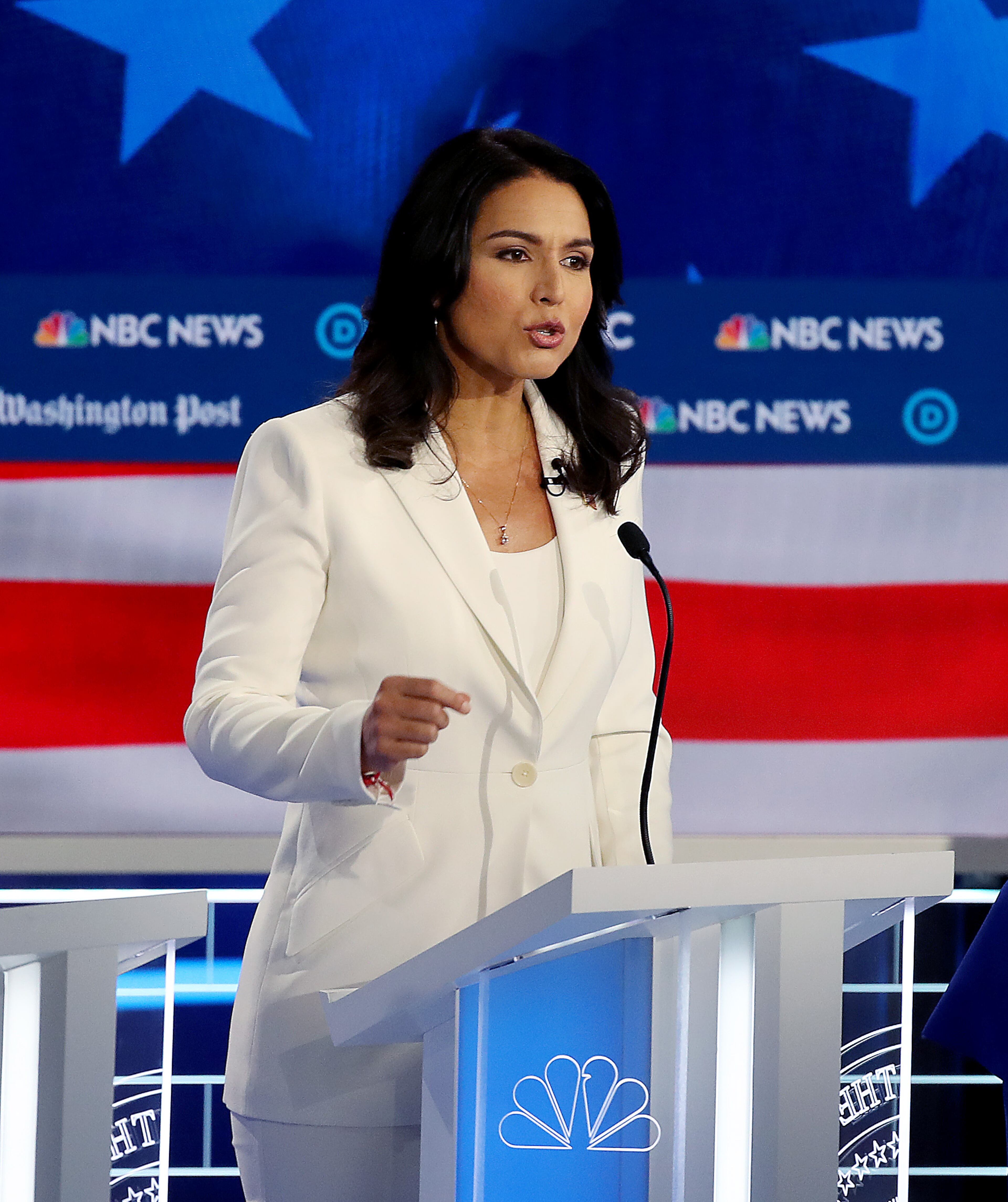 11/20/2019 -- Atlanta, Georgia -- Rep. Tulsi Gabbard states her case, during the MSNBC/The Washington Post Democratic Presidential debate inside the Oprah Winfrey Soundstage at Tyler Perry Studios, Monday, November 20, 2019. (Alyssa Pointer/Atlanta Journal Constitution)