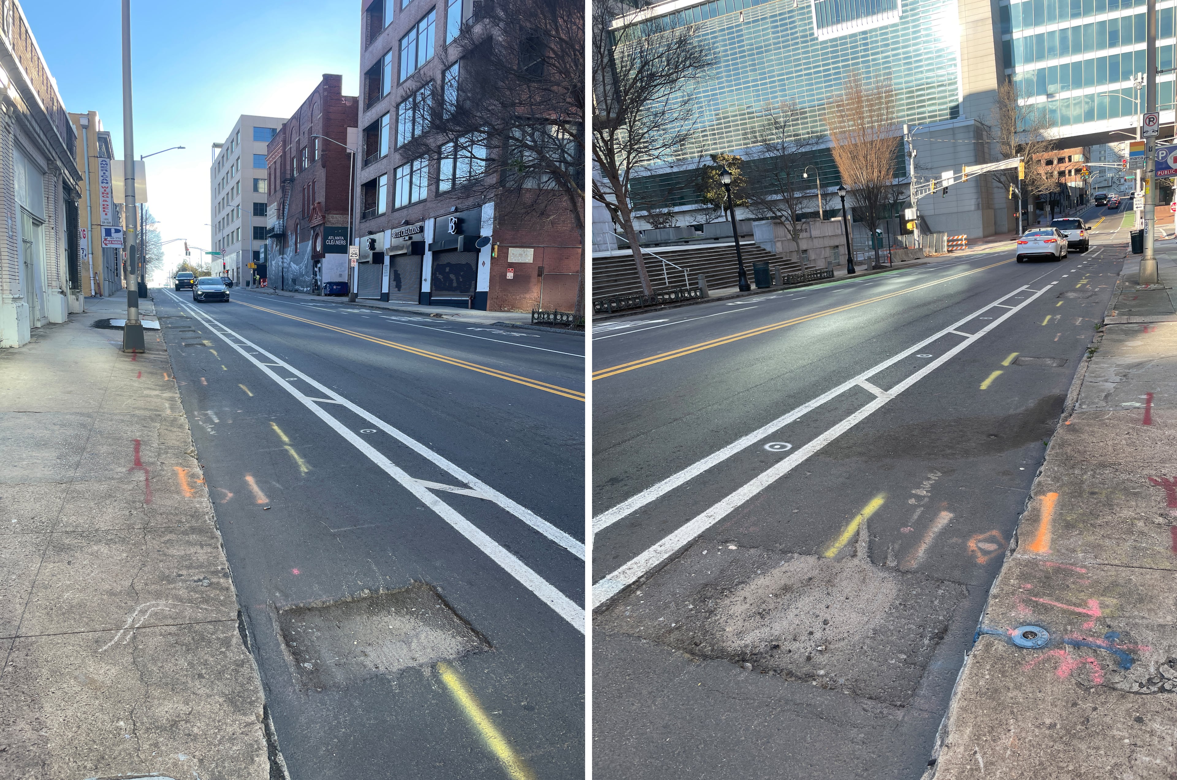 Potholes in a newly paved bike lane on Forsyth Street between Mitchell Street and M.L.K. Drive. (Michael Scaturro/AJC)