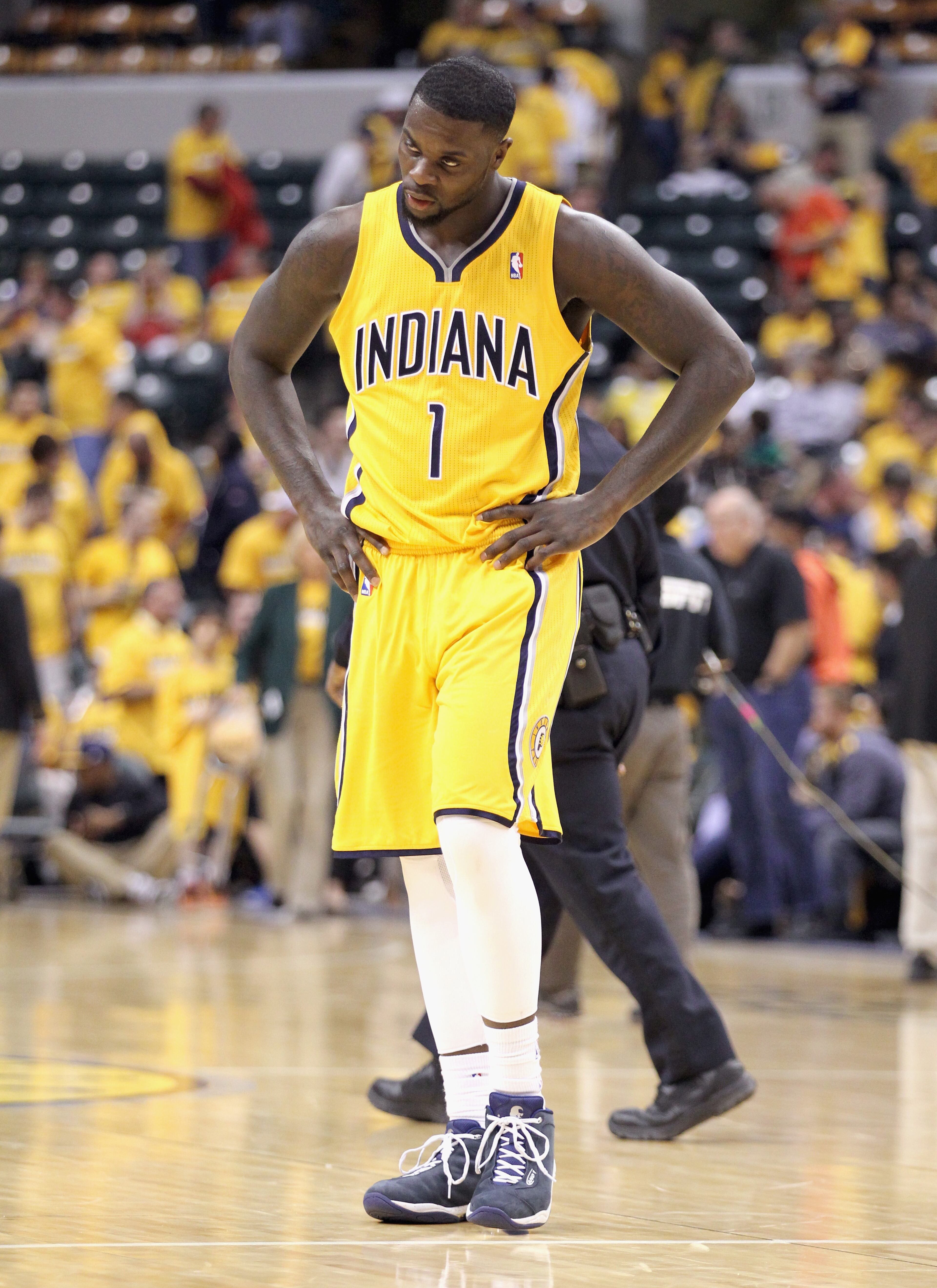 Lance Stephenson #1 of the the Indiana Pacers walks of the court after the 101 -93 loss to the Atlanta Hawks in Game 1 of the Eastern Conference Quarterfinals during the 2014 NBA Playoffs at Bankers Life Fieldhouse on April 19, 2014 in Indianapolis, Indiana. (Photo by Andy Lyons/Getty Images)