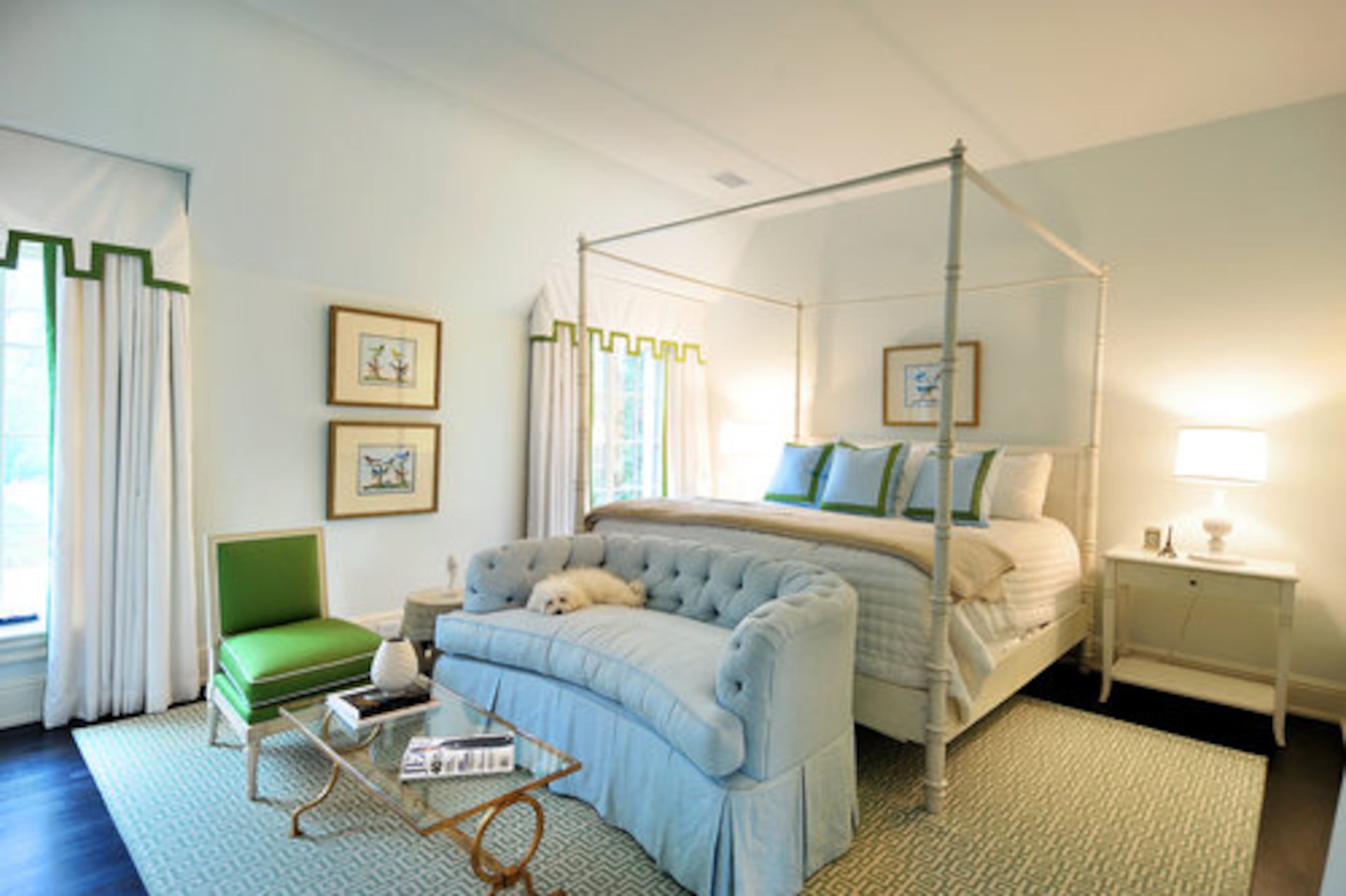 "Instead of making it old-lady blue French," Melanie added a punch of green to freshen her 21--year-old daughter Cydney's room. Melanie got the look by combining a sofa they owned with custom drapes and pillows she designed. The result is a look that would make Kate Spade proud.