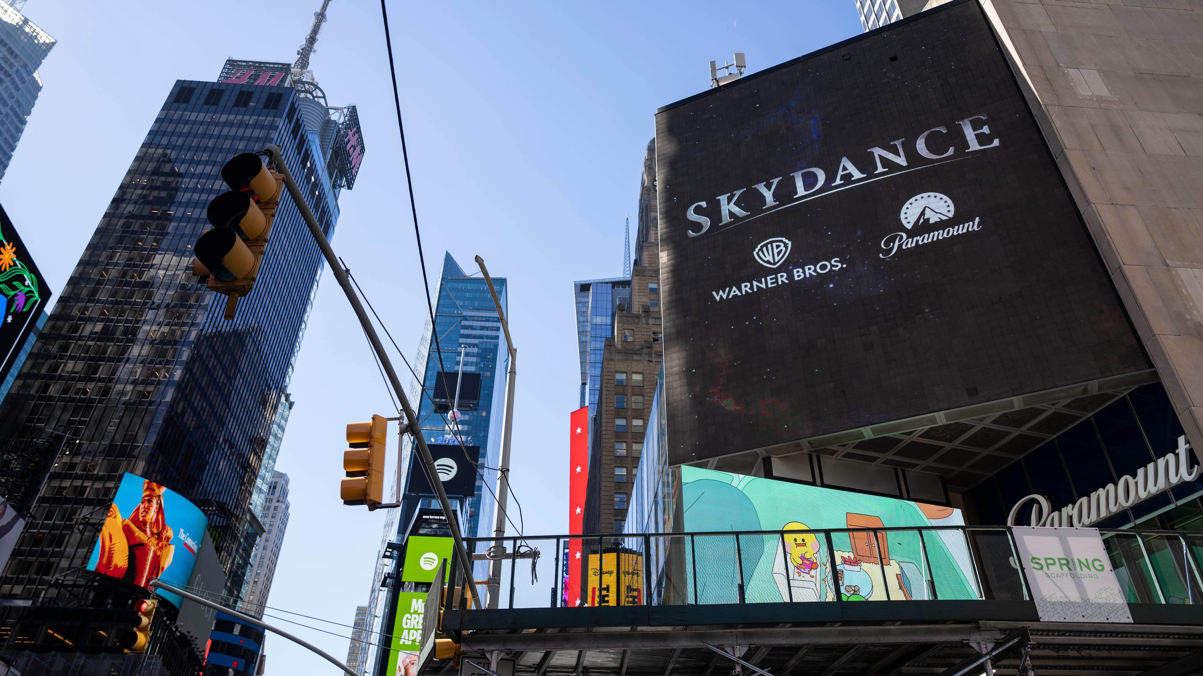 A Skydance billboard is displayed outside Paramount Global office in Times Square, Tuesday, Oct. 6, 2026, in New York. (AP Photo/Yuki Iwamura)