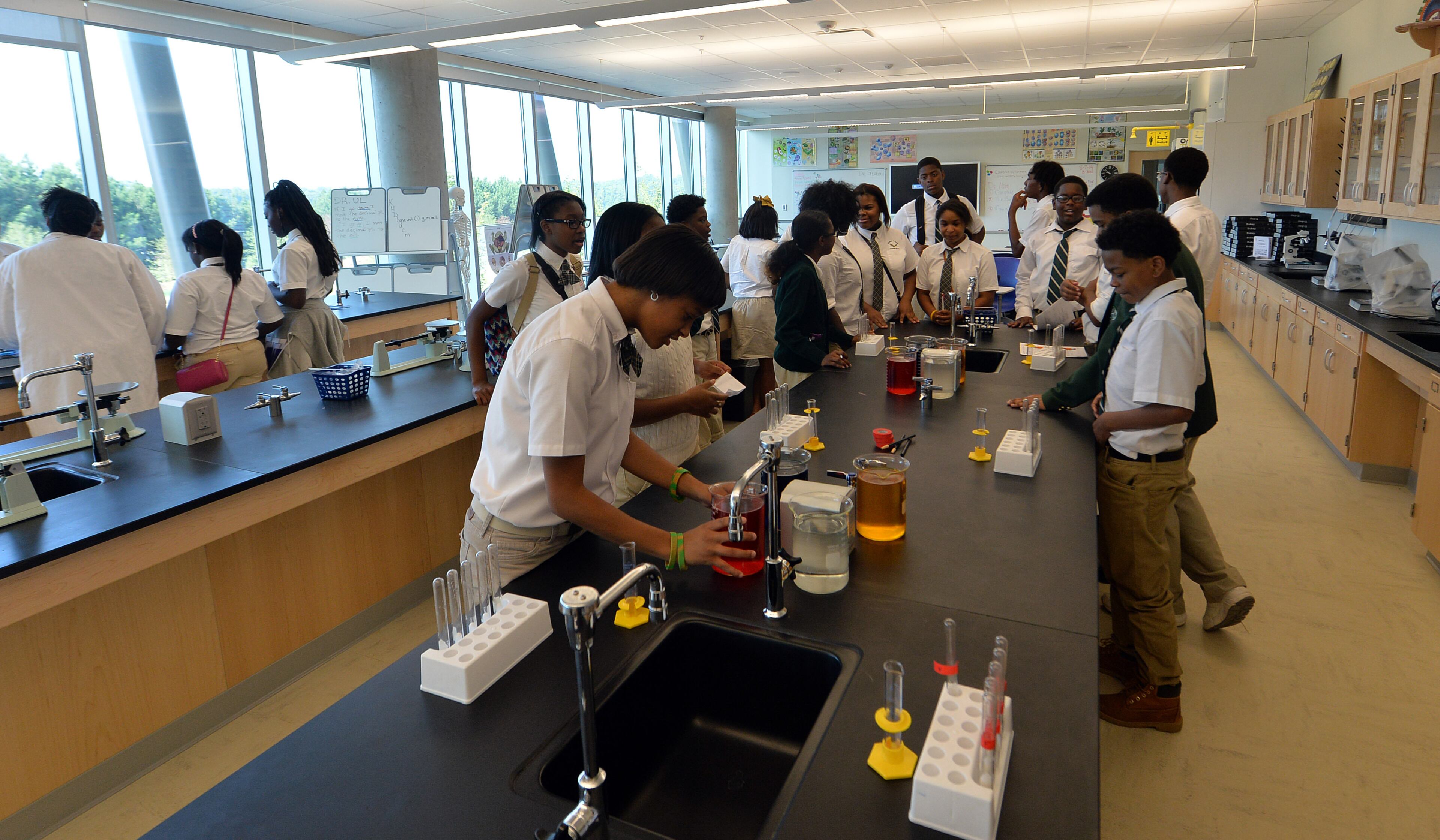 Students work in a biology lab. The $55 million school is Gold LEED certified, features solar panels for electricity, a football/soccer field and track and has a 500-seat auditorium among other amenities.