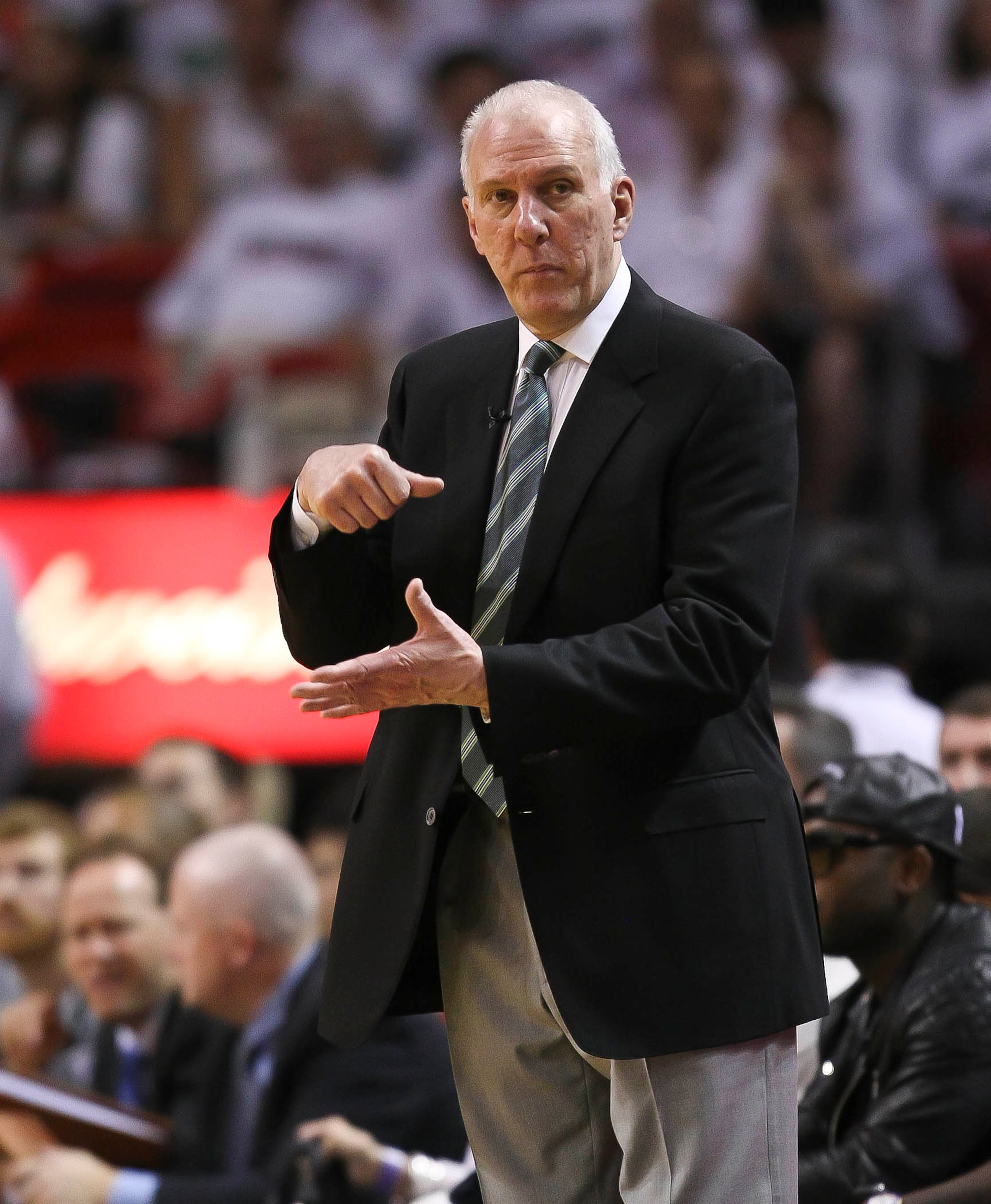 San Antonio Spurs head coach Gregg Popovich, during third quarter action of game one of the NBA finals between the Miami Heat and the San Antonio Spurs Thursday June 06, 2013, at American Airlines Arena in Miami.(Bill Ingram/Palm Beach Post)