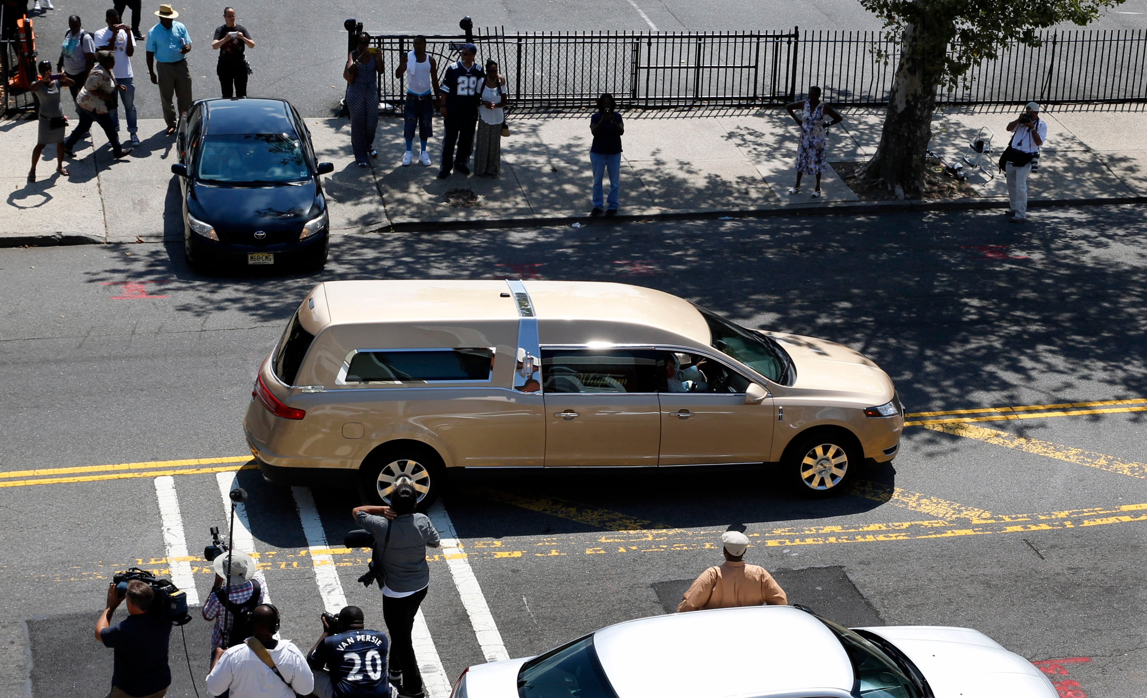 A hearse leaves after a service for Bobbi Kristina Brown at Whigham funeral home in Newark, N.J., early Monday, Aug. 3, 2015. Bobbi Kristina, the only child of Whitney Houston and R&B singer Bobby Brown, died in hospice care July 26, about six months after she was found face-down and unresponsive in a bathtub in her suburban Atlanta townhome. (AP Photo/Mel Evans)