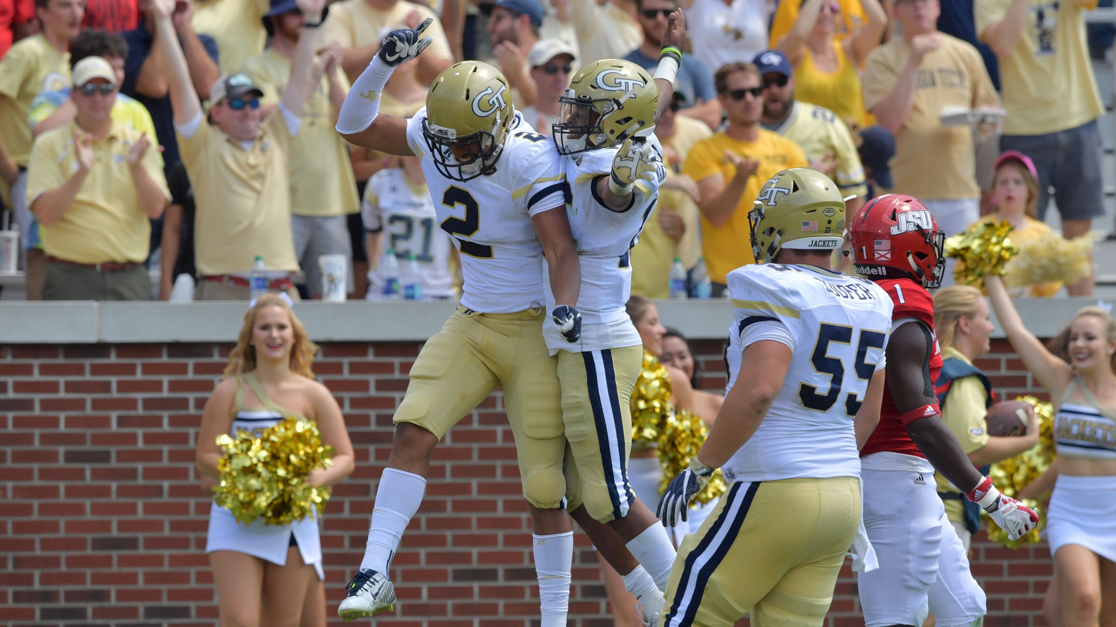 Georgia Tech wide receiver Ricky Jeune (2) and quarterback TaQuon Marshall (16) celebrate a first half touchdown during the Jackets’ home opener against Jacksonville State at Bobby Dodd Stadium Saturday, Sept. 9, 2017, in Atlanta.